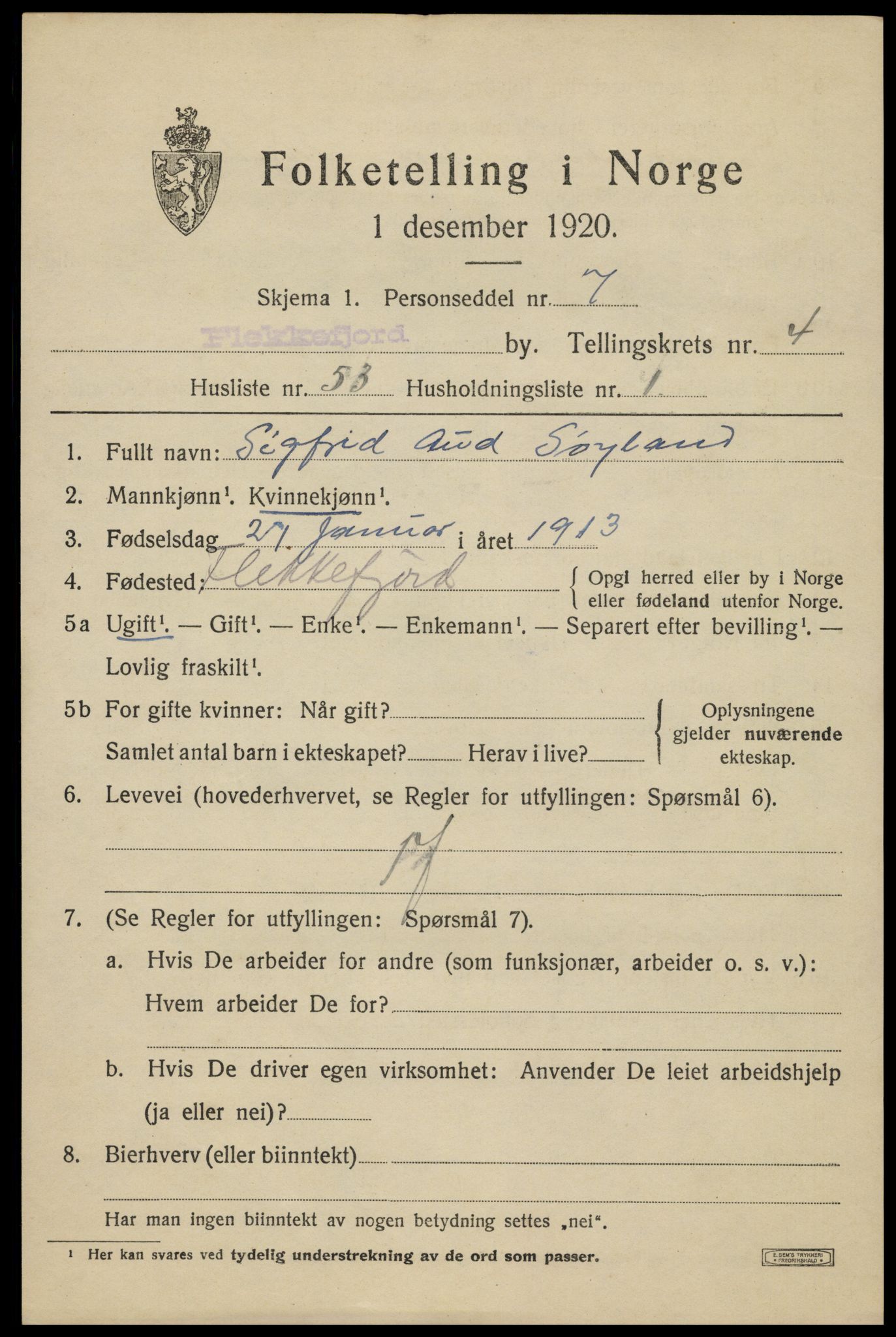 SAK, Folketelling 1920 for 1004 Flekkefjord kjøpstad, 1920, s. 5110
