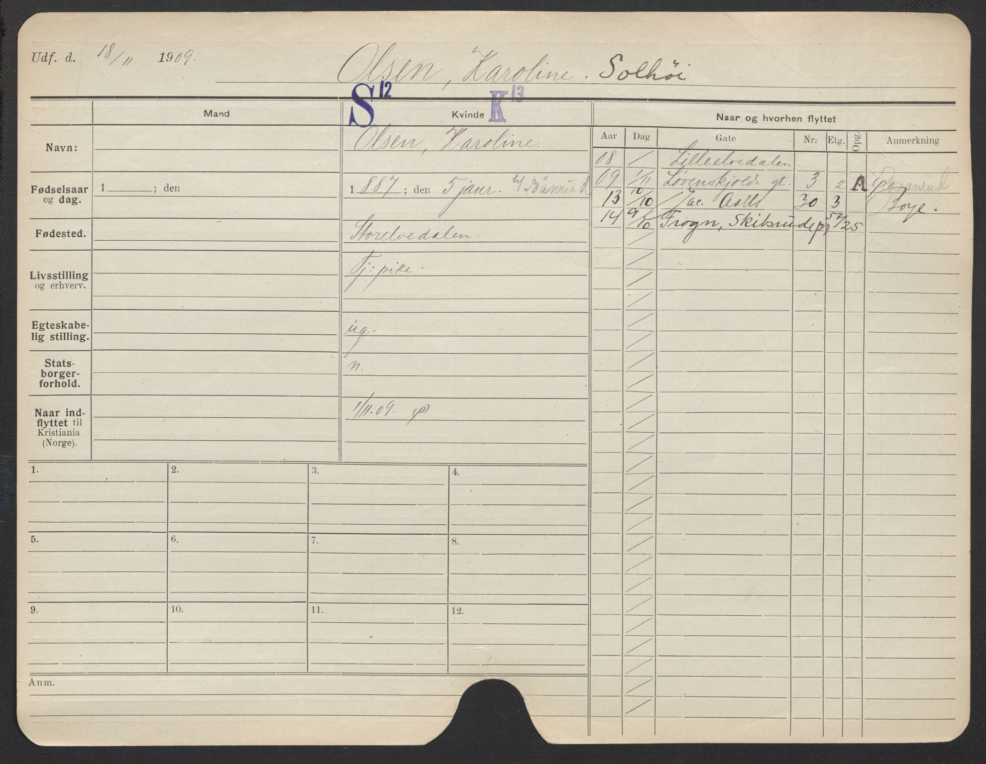 Oslo folkeregister, Registerkort, AV/SAO-A-11715/F/Fa/Fac/L0022: Kvinner, 1906-1914, s. 32a