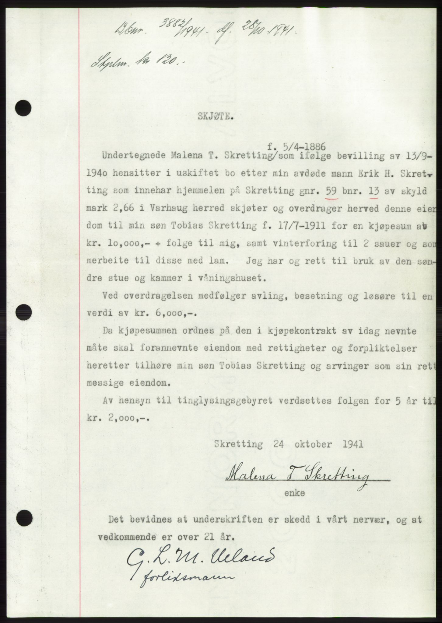 Jæren sorenskriveri, SAST/A-100310/03/G/Gba/L0081: Pantebok, 1941-1941, Dagboknr: 3882/1941