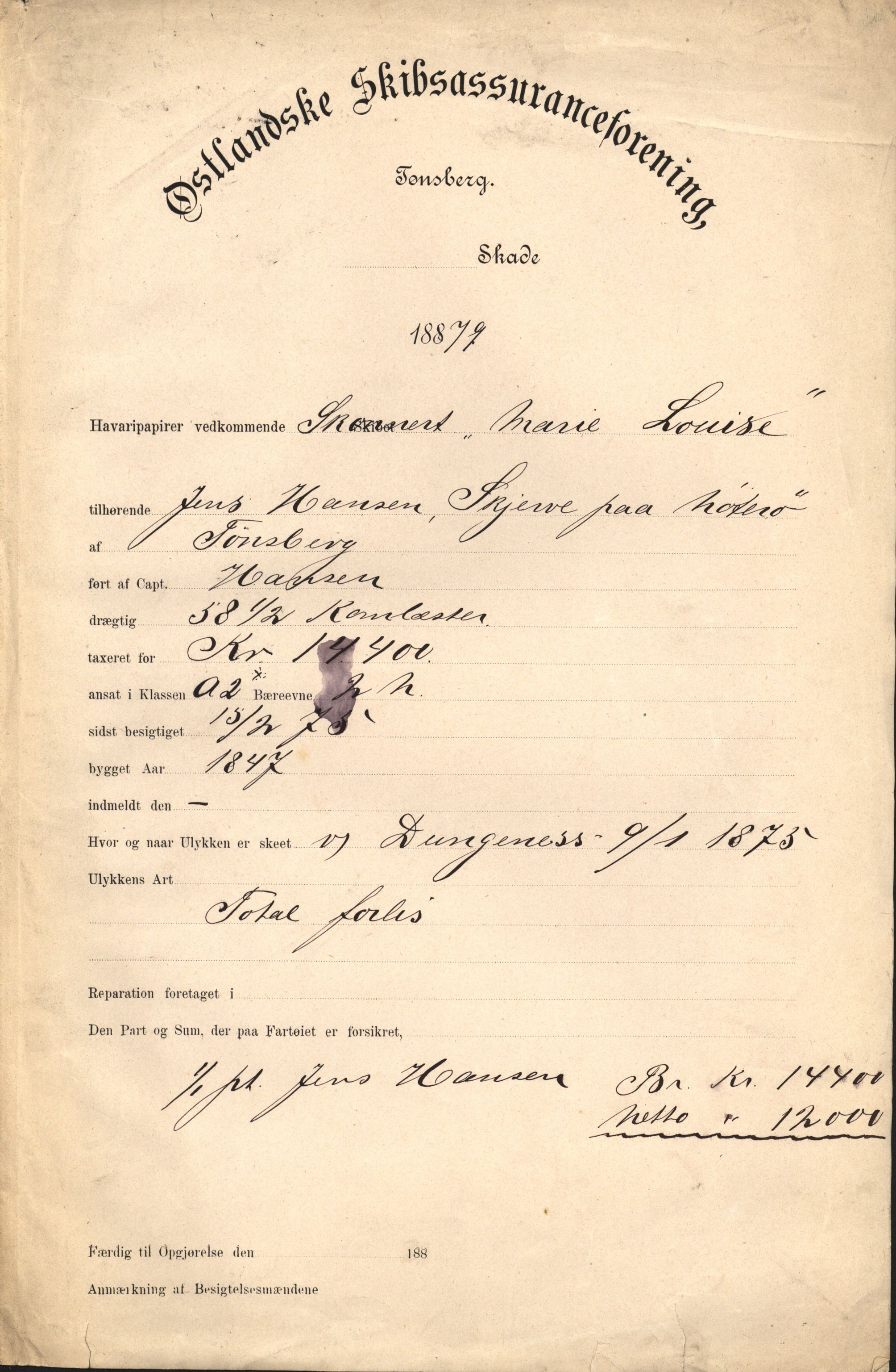Pa 63 - Østlandske skibsassuranceforening, VEMU/A-1079/G/Ga/L0011/0037: Havaridokumenter / Marie Louise, 1879