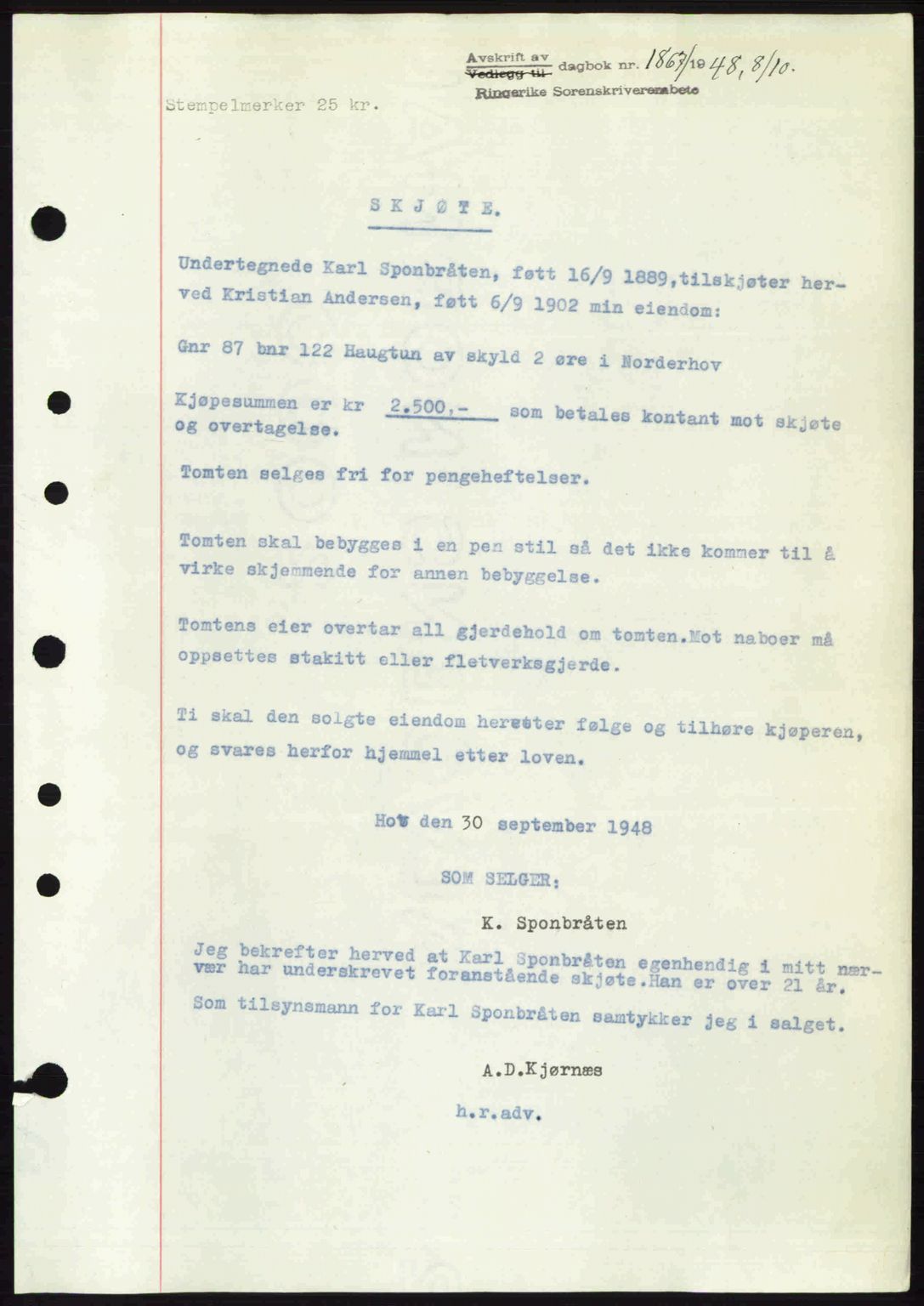 Ringerike sorenskriveri, SAKO/A-105/G/Ga/Gab/L0088: Pantebok nr. A-19, 1948-1948, Dagboknr: 1867/1948