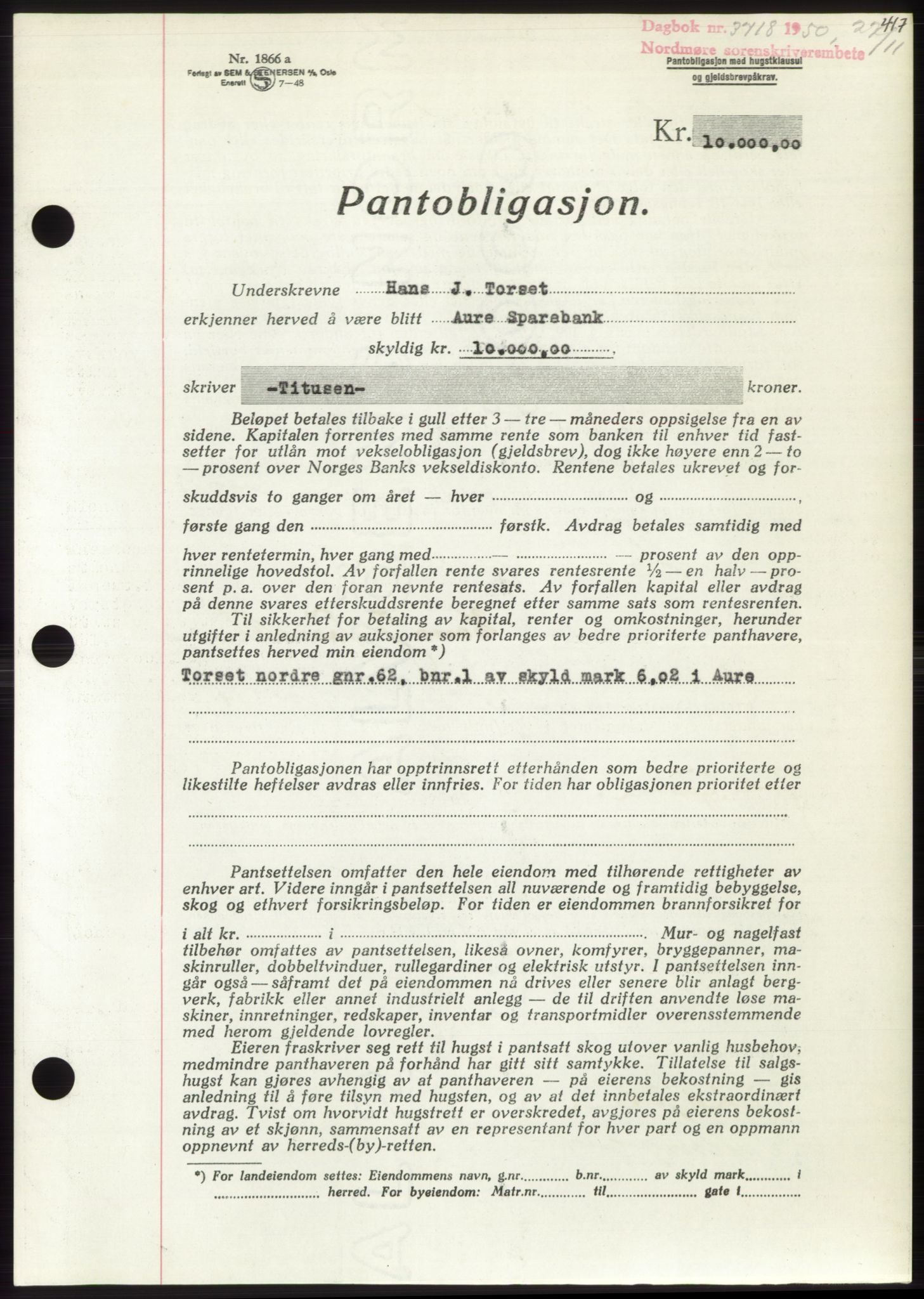 Nordmøre sorenskriveri, SAT/A-4132/1/2/2Ca: Pantebok nr. B106, 1950-1950, Dagboknr: 3718/1950
