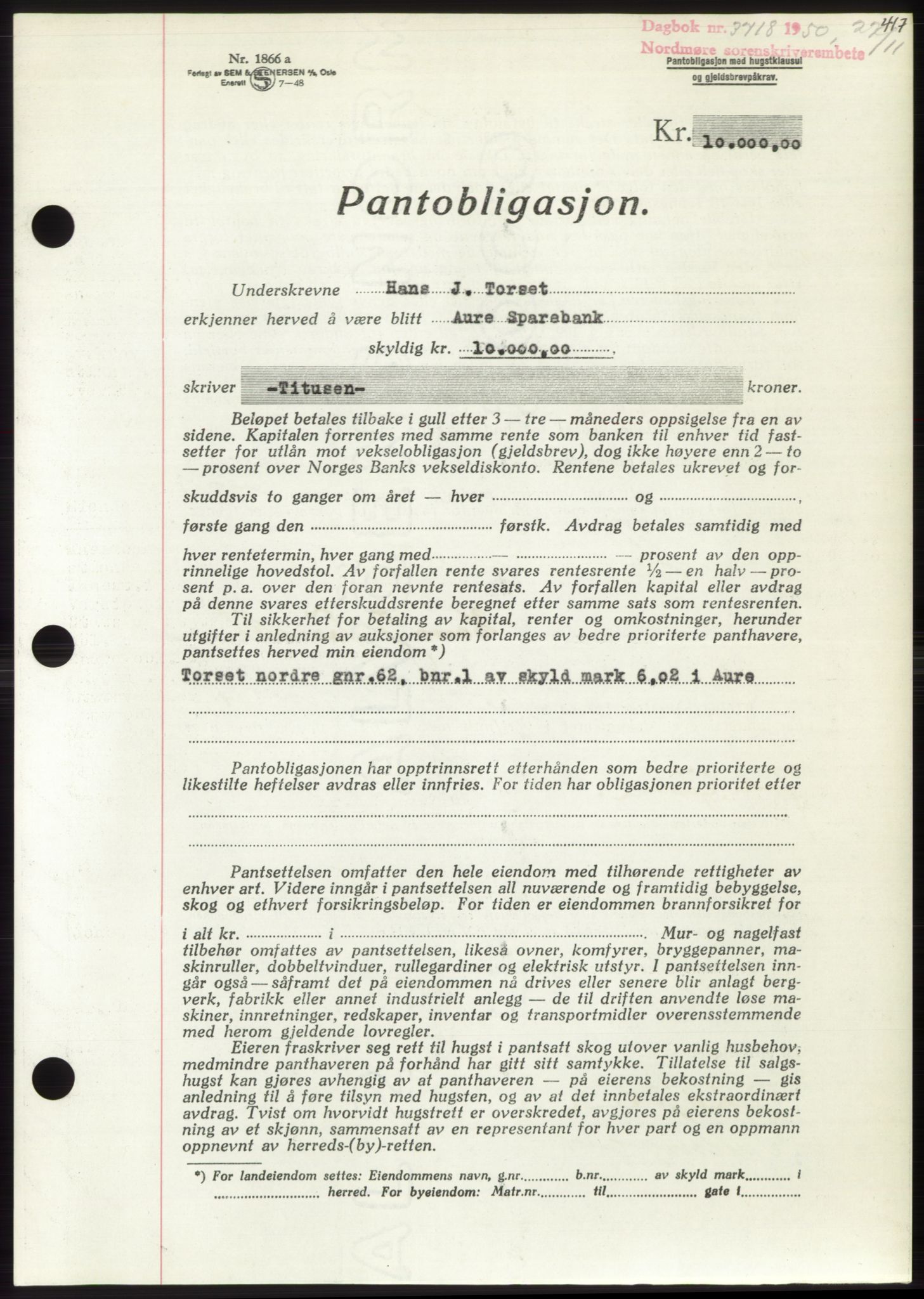 Nordmøre sorenskriveri, AV/SAT-A-4132/1/2/2Ca: Pantebok nr. B106, 1950-1950, Dagboknr: 3718/1950