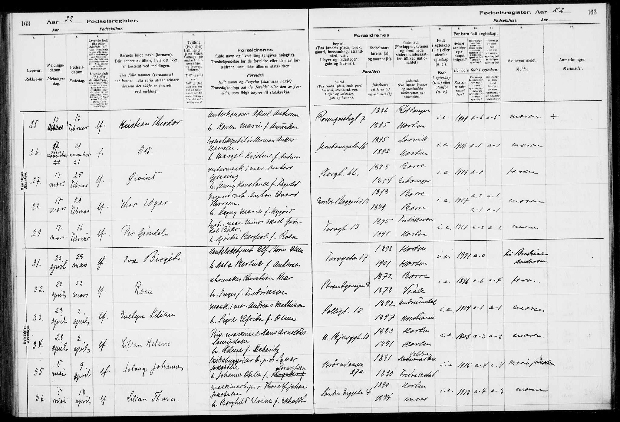 Horten kirkebøker, AV/SAKO-A-348/J/Ja/L0001: Fødselsregister nr. 1, 1916-1923, s. 163