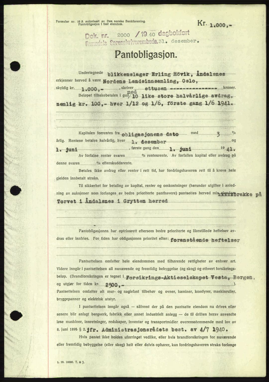 Romsdal sorenskriveri, SAT/A-4149/1/2/2C: Pantebok nr. B2, 1939-1945, Dagboknr: 2000/1940