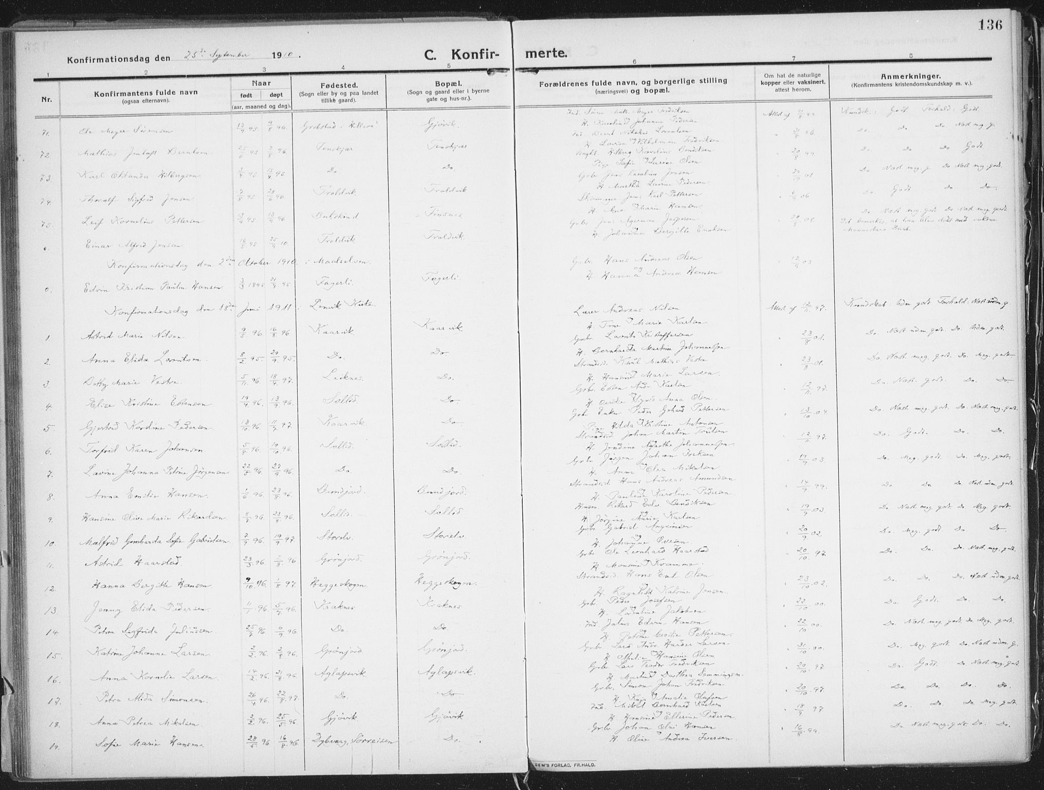 Lenvik sokneprestembete, SATØ/S-1310/H/Ha/Haa/L0016kirke: Ministerialbok nr. 16, 1910-1924, s. 136