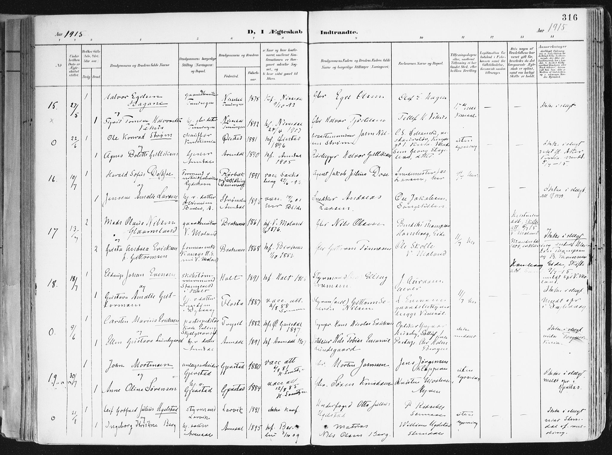 Arendal sokneprestkontor, Trefoldighet, AV/SAK-1111-0040/F/Fa/L0010: Ministerialbok nr. A 10, 1900-1919, s. 316