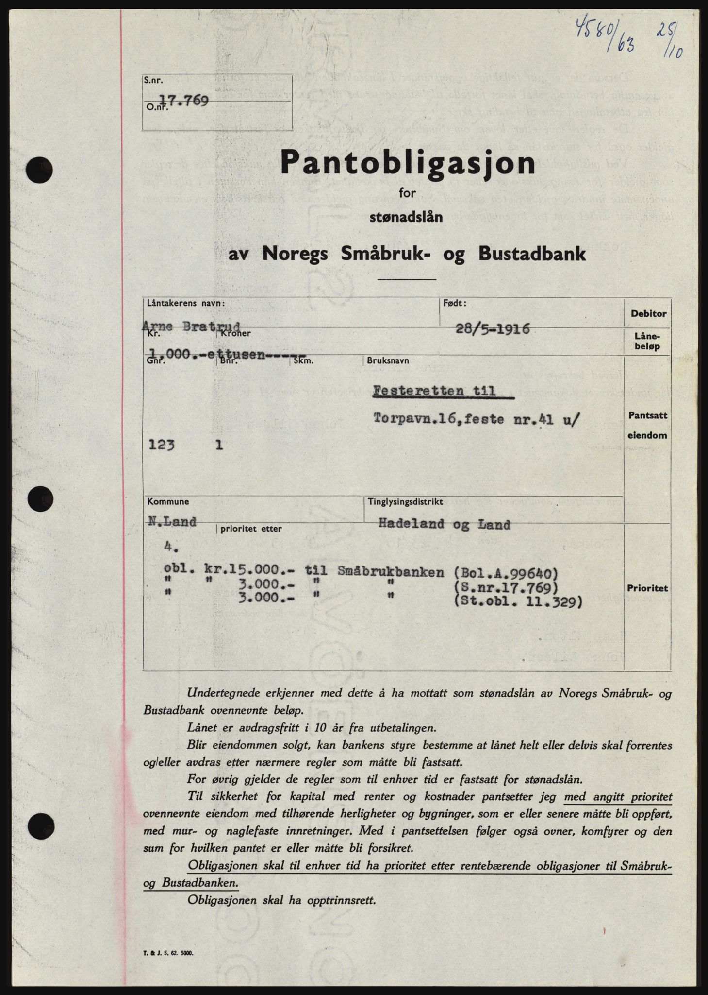 Hadeland og Land tingrett, SAH/TING-010/H/Hb/Hbc/L0053: Pantebok nr. B53, 1963-1964, Dagboknr: 4580/1963