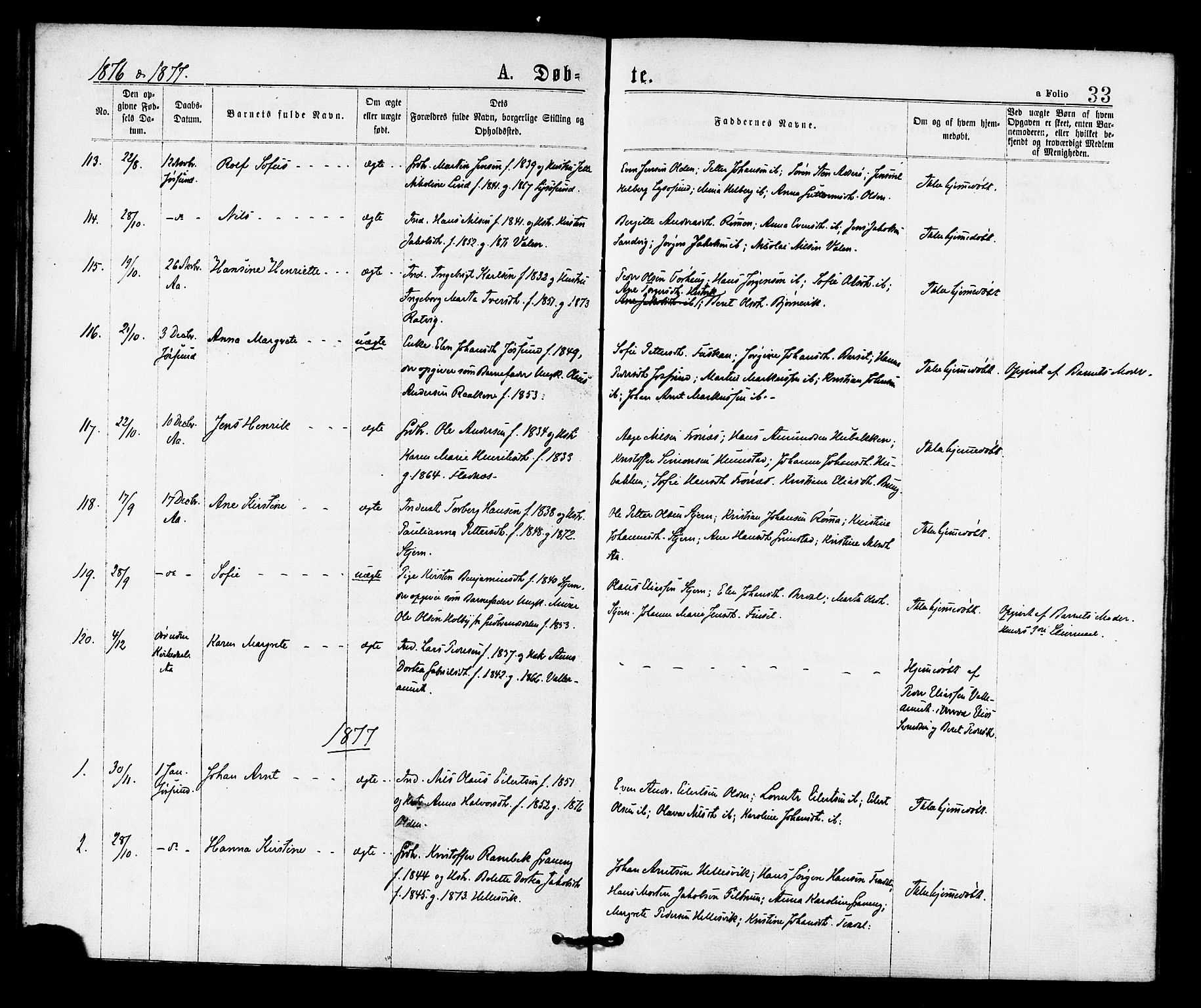 Ministerialprotokoller, klokkerbøker og fødselsregistre - Sør-Trøndelag, AV/SAT-A-1456/655/L0679: Ministerialbok nr. 655A08, 1873-1879, s. 33