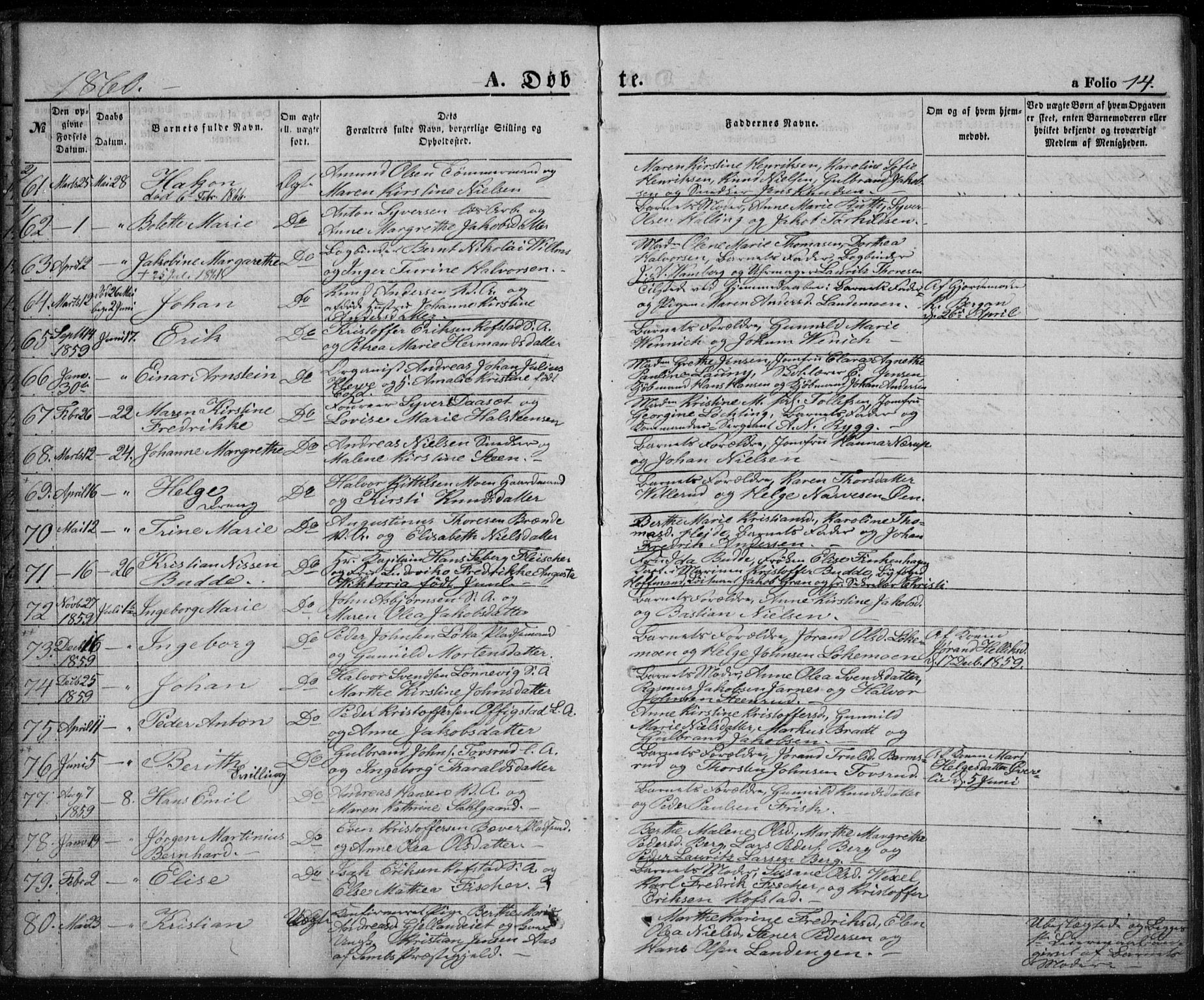 Kongsberg kirkebøker, AV/SAKO-A-22/G/Ga/L0003: Klokkerbok nr. 3, 1859-1875, s. 14