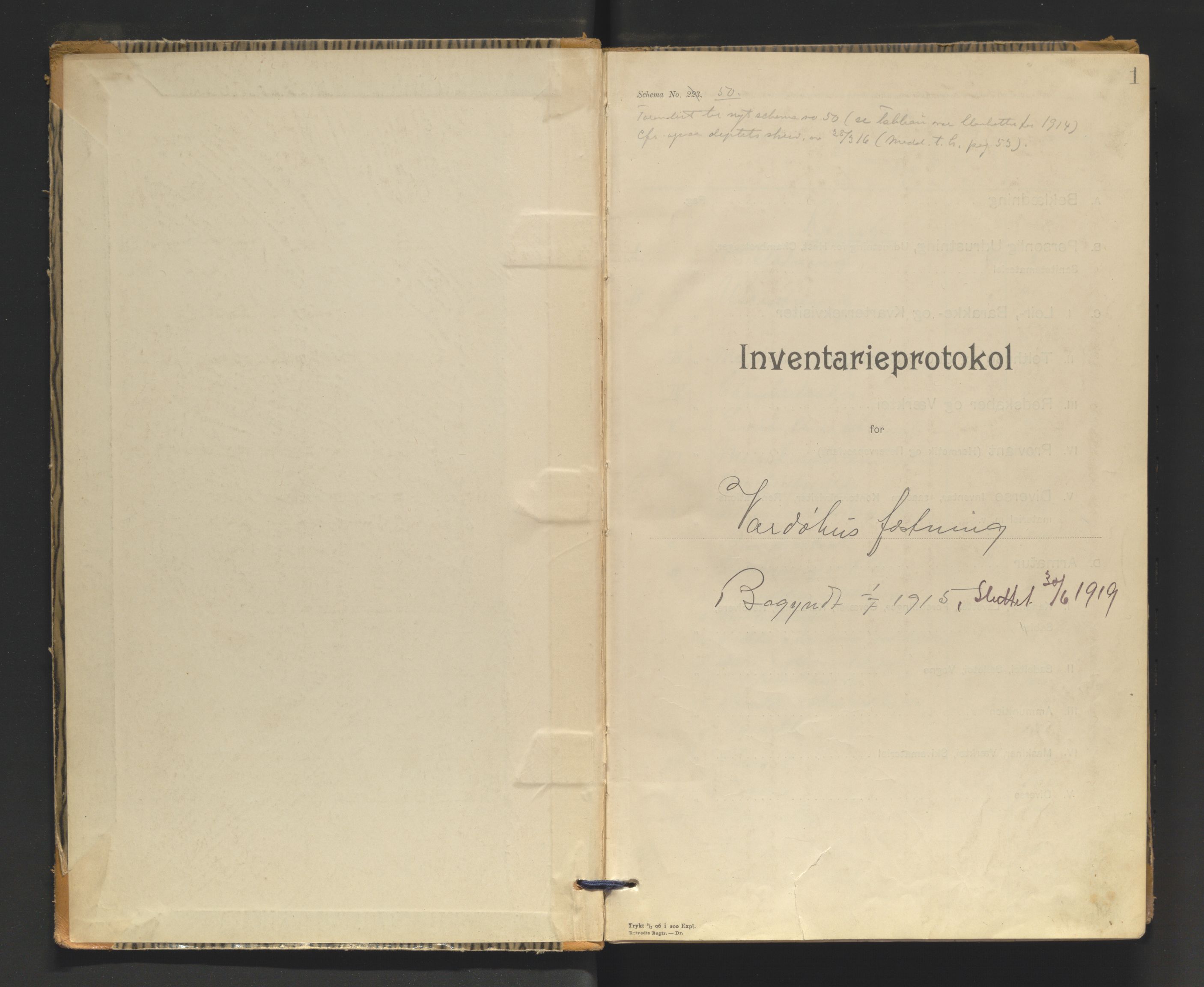 Vardøhus festning, AV/SATØ-S-0036/Rx/L0293: Inventarprotokoller og -lister (før 1891, se journalsakene, jf. besiktelser). Med register., 1915-1919