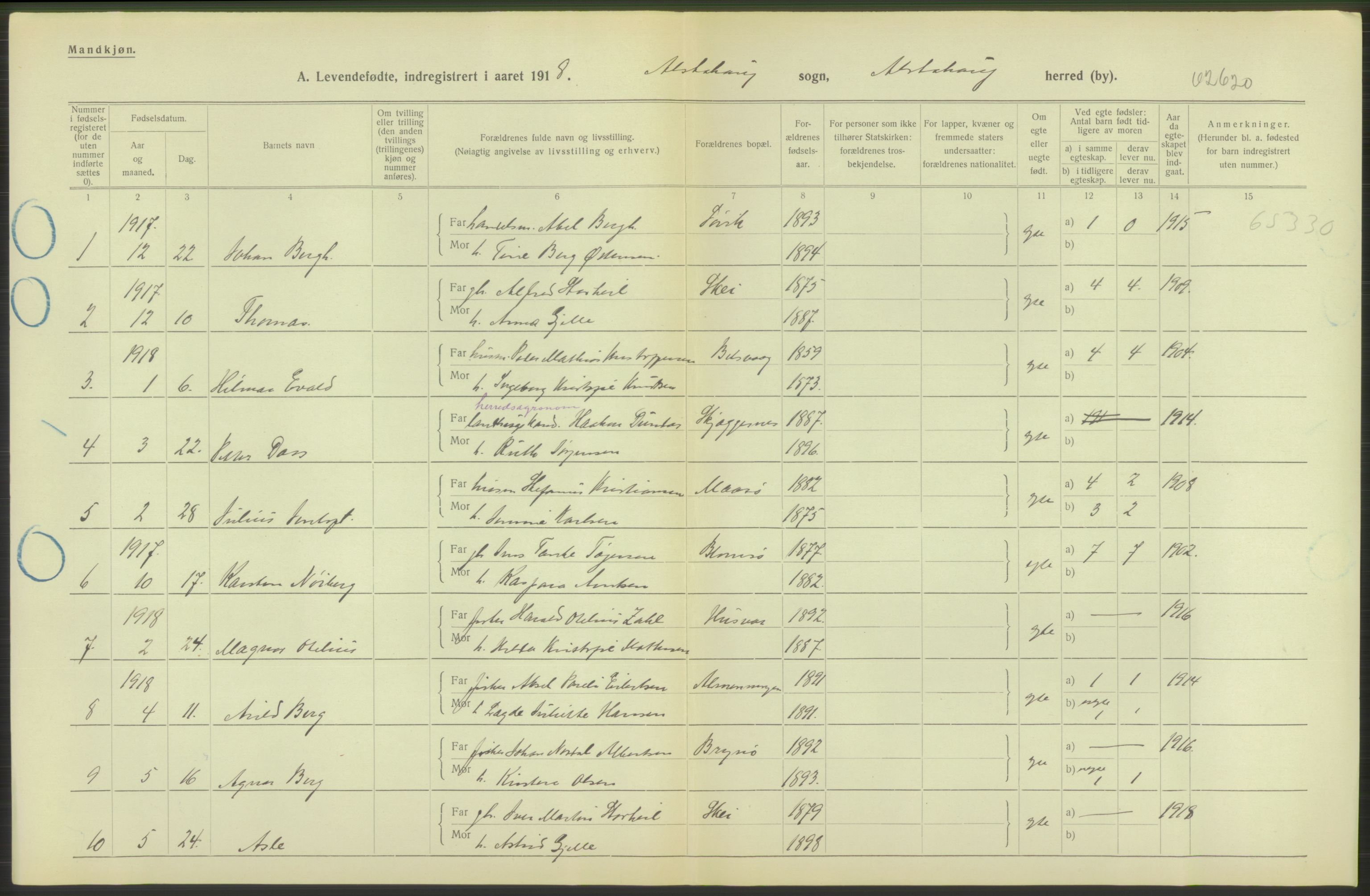 Statistisk sentralbyrå, Sosiodemografiske emner, Befolkning, RA/S-2228/D/Df/Dfb/Dfbh/L0052: Nordland fylke: Levendefødte menn og kvinner. Bygder., 1918, s. 76