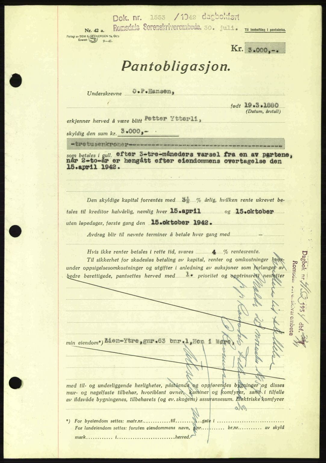 Romsdal sorenskriveri, SAT/A-4149/1/2/2C: Pantebok nr. B2, 1939-1945, Dagboknr: 1553/1942