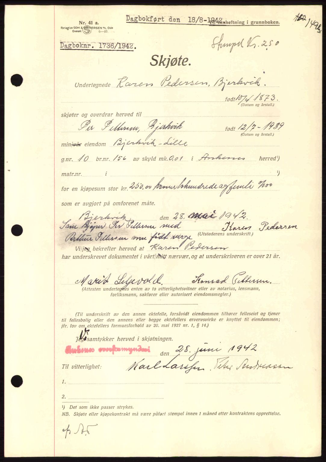 Steigen og Ofoten sorenskriveri, AV/SAT-A-0030/1/2/2C: Pantebok nr. A9-12, 1942-1946, Dagboknr: 1736/1942