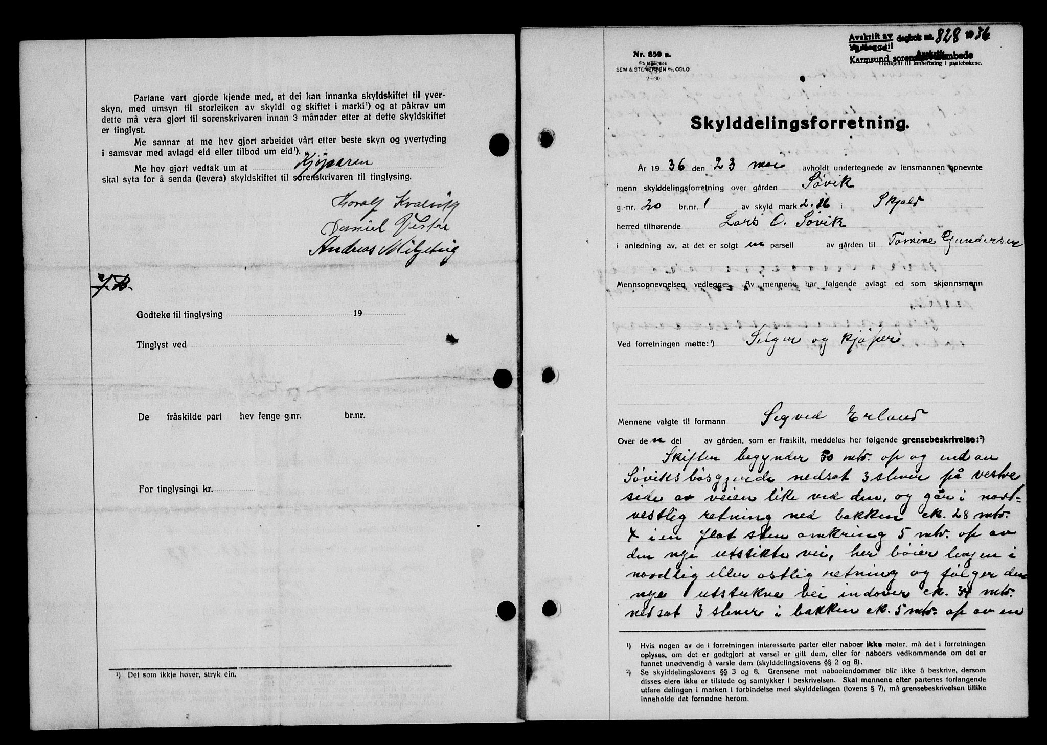 Karmsund sorenskriveri, SAST/A-100311/01/II/IIB/L0066: Pantebok nr. 47A, 1936-1936, Dagboknr: 828/1936