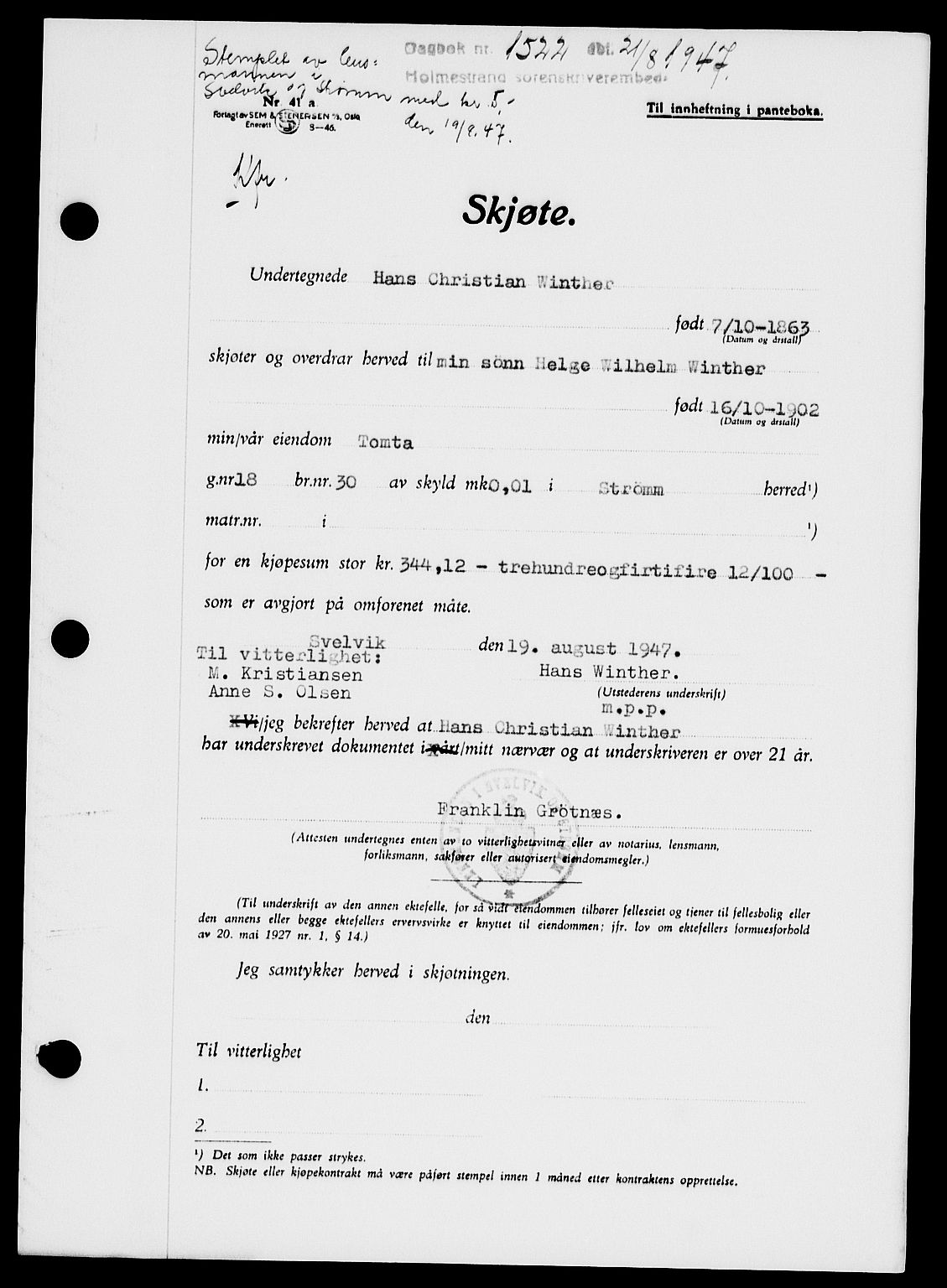 Holmestrand sorenskriveri, SAKO/A-67/G/Ga/Gaa/L0062: Pantebok nr. A-62, 1947-1947, Dagboknr: 1522/1947