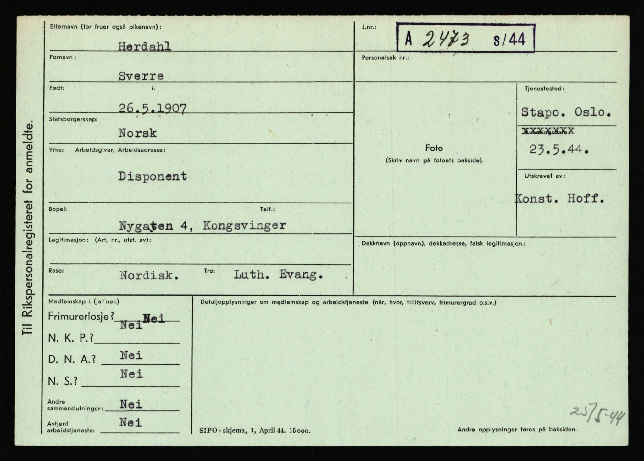 Statspolitiet - Hovedkontoret / Osloavdelingen, AV/RA-S-1329/C/Ca/L0006: Hanche - Hokstvedt, 1943-1945, s. 3860