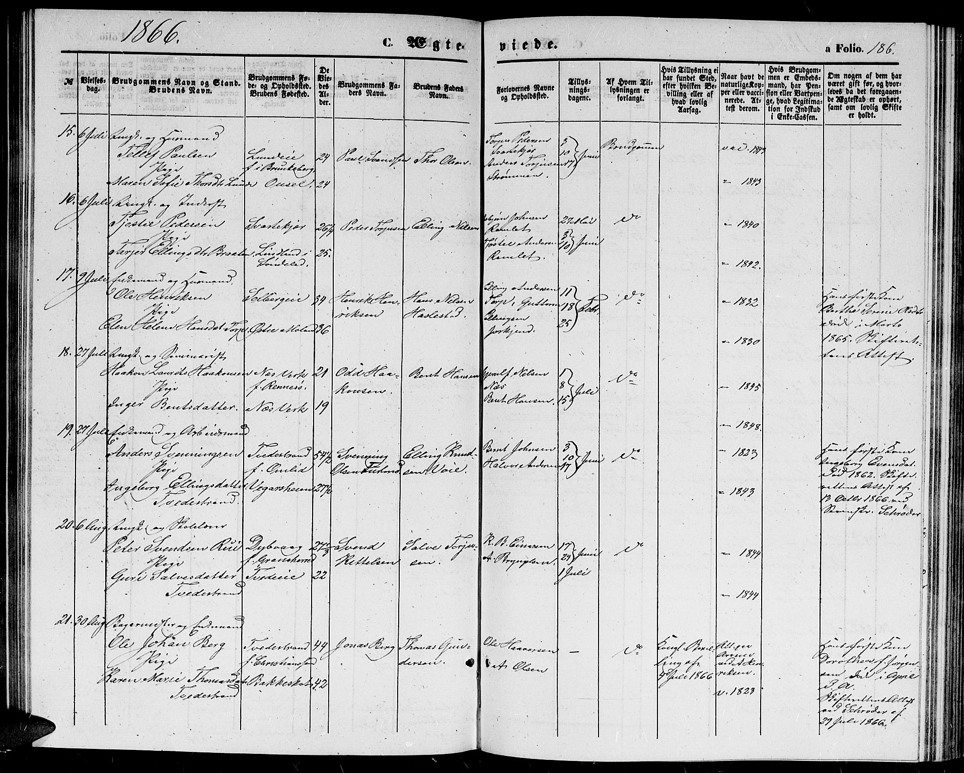 Holt sokneprestkontor, AV/SAK-1111-0021/F/Fb/L0008: Klokkerbok nr. B 8, 1858-1871, s. 186