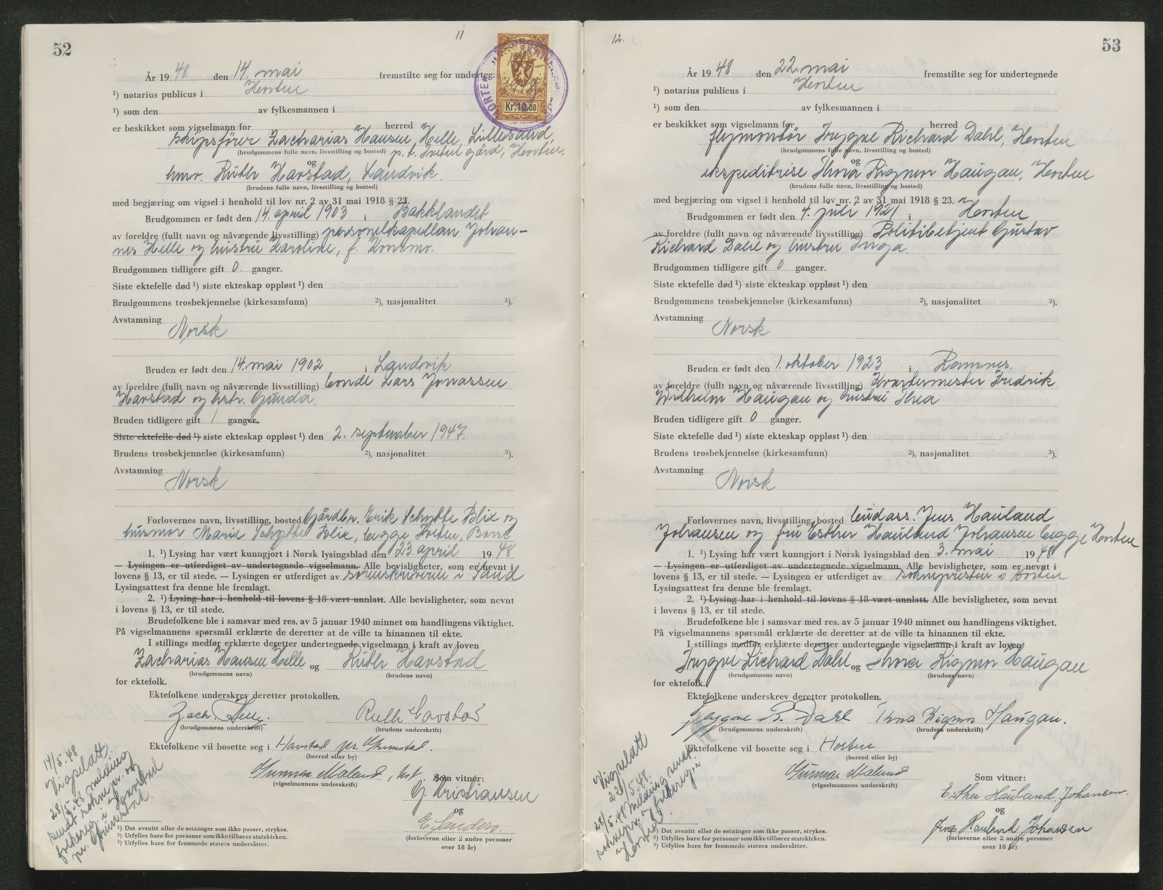 Horten sorenskriveri, AV/SAKO-A-133/L/Lc/L0004: Vigselsbok, 1946-1953, s. 52-53
