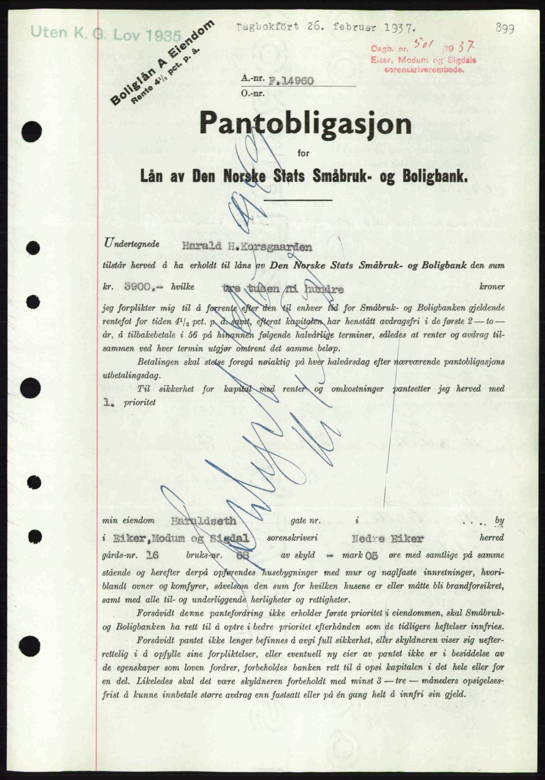 Eiker, Modum og Sigdal sorenskriveri, SAKO/A-123/G/Ga/Gab/L0034: Pantebok nr. A4, 1936-1937, Dagboknr: 501/1937
