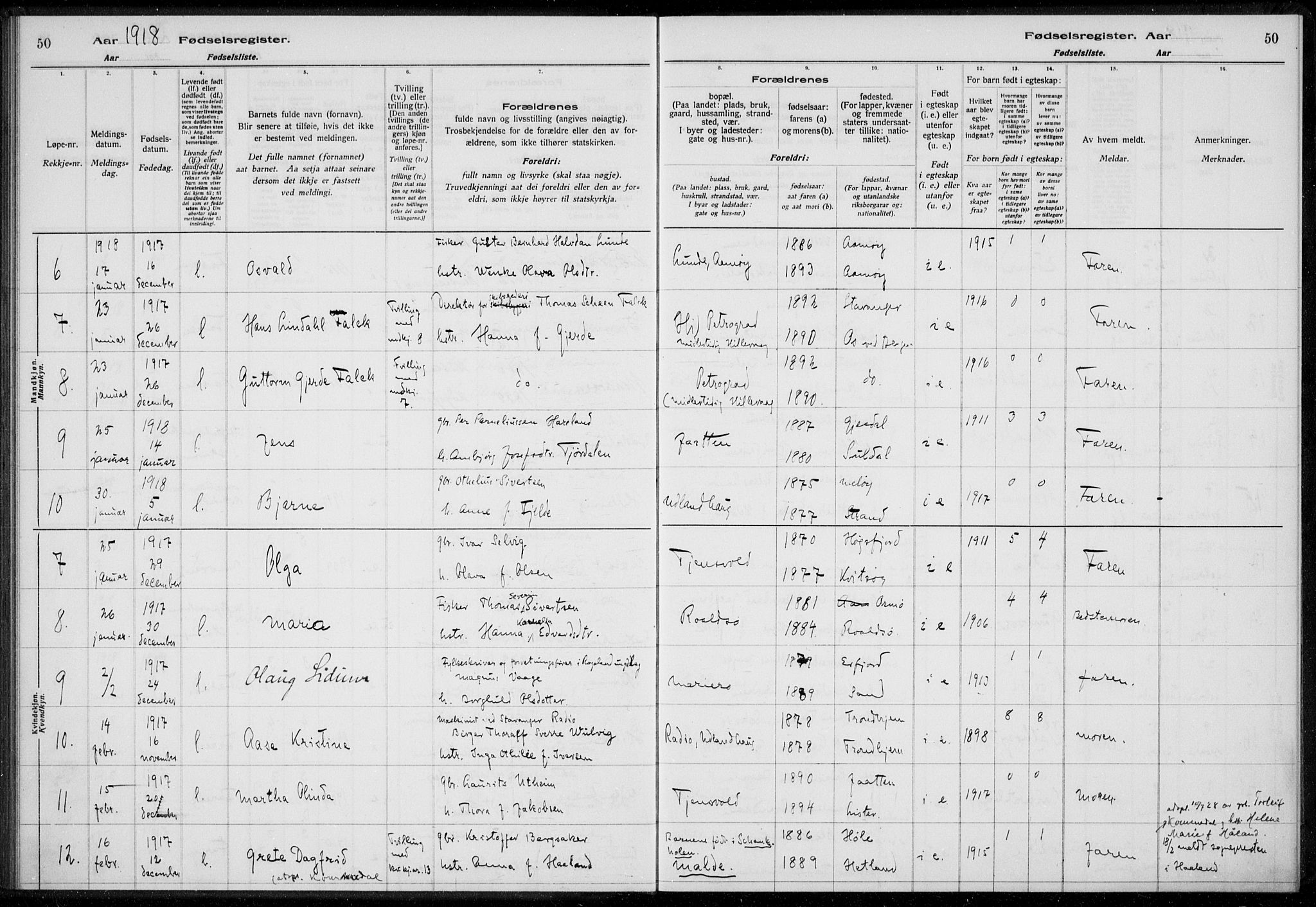 Hetland sokneprestkontor, AV/SAST-A-101826/70/704BA/L0003: Fødselsregister nr. 1, 1916-1923, s. 50