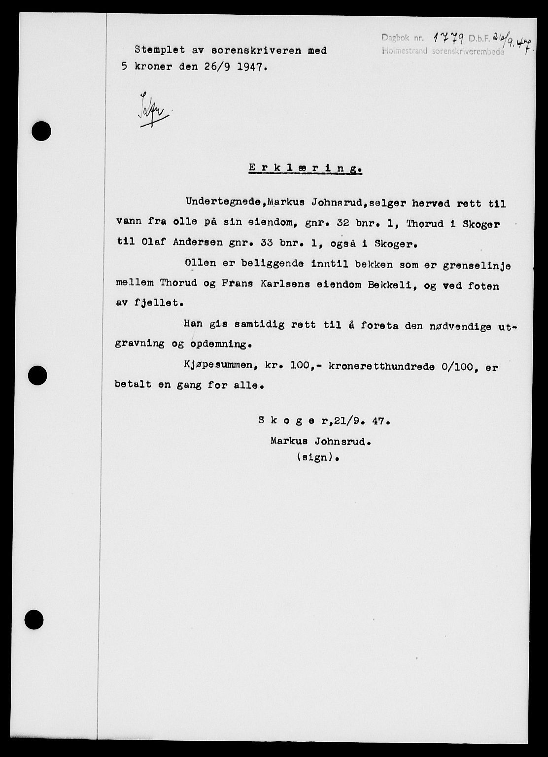Holmestrand sorenskriveri, SAKO/A-67/G/Ga/Gaa/L0062: Pantebok nr. A-62, 1947-1947, Dagboknr: 1779/1947