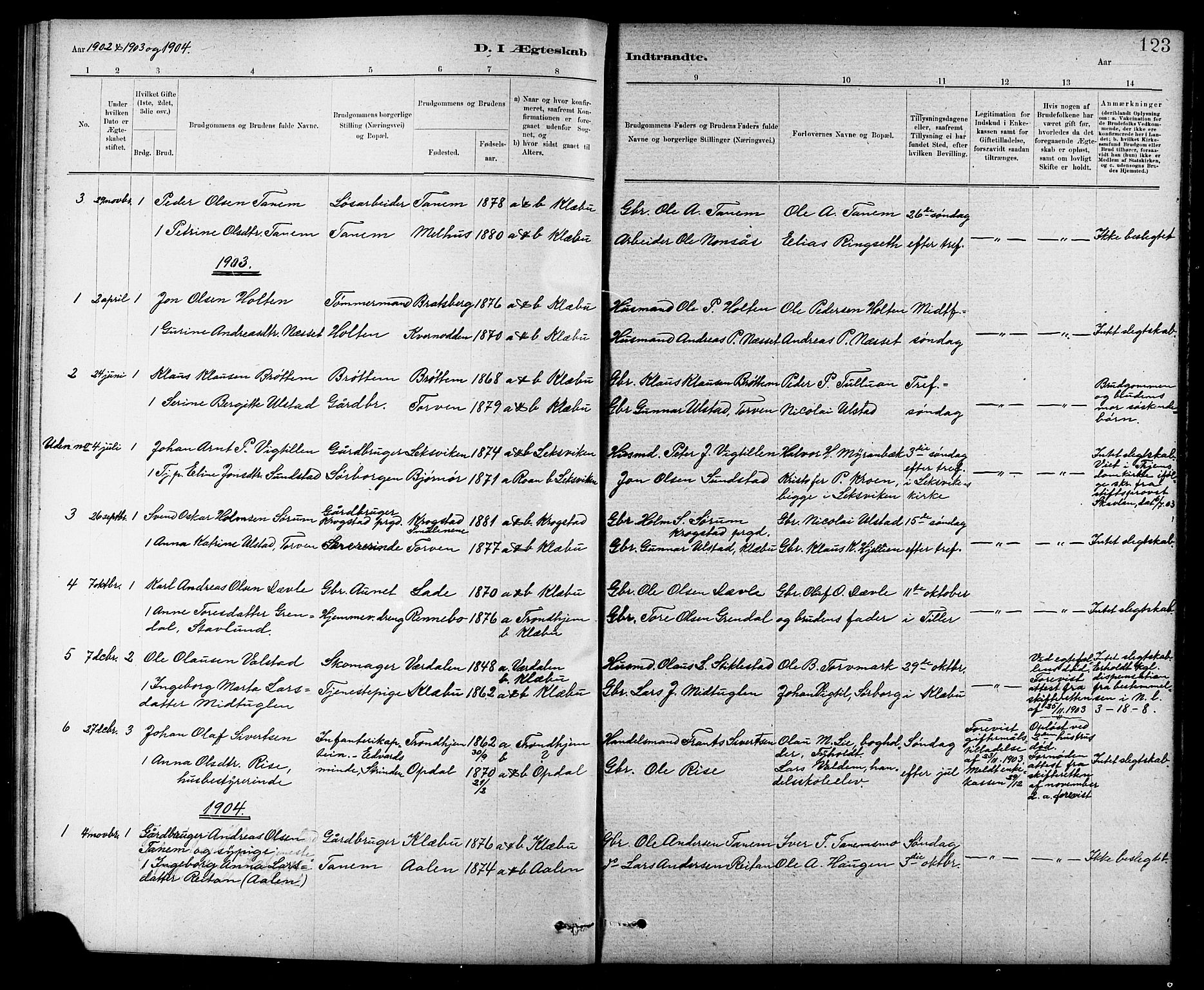 Ministerialprotokoller, klokkerbøker og fødselsregistre - Sør-Trøndelag, AV/SAT-A-1456/618/L0452: Klokkerbok nr. 618C03, 1884-1906, s. 123