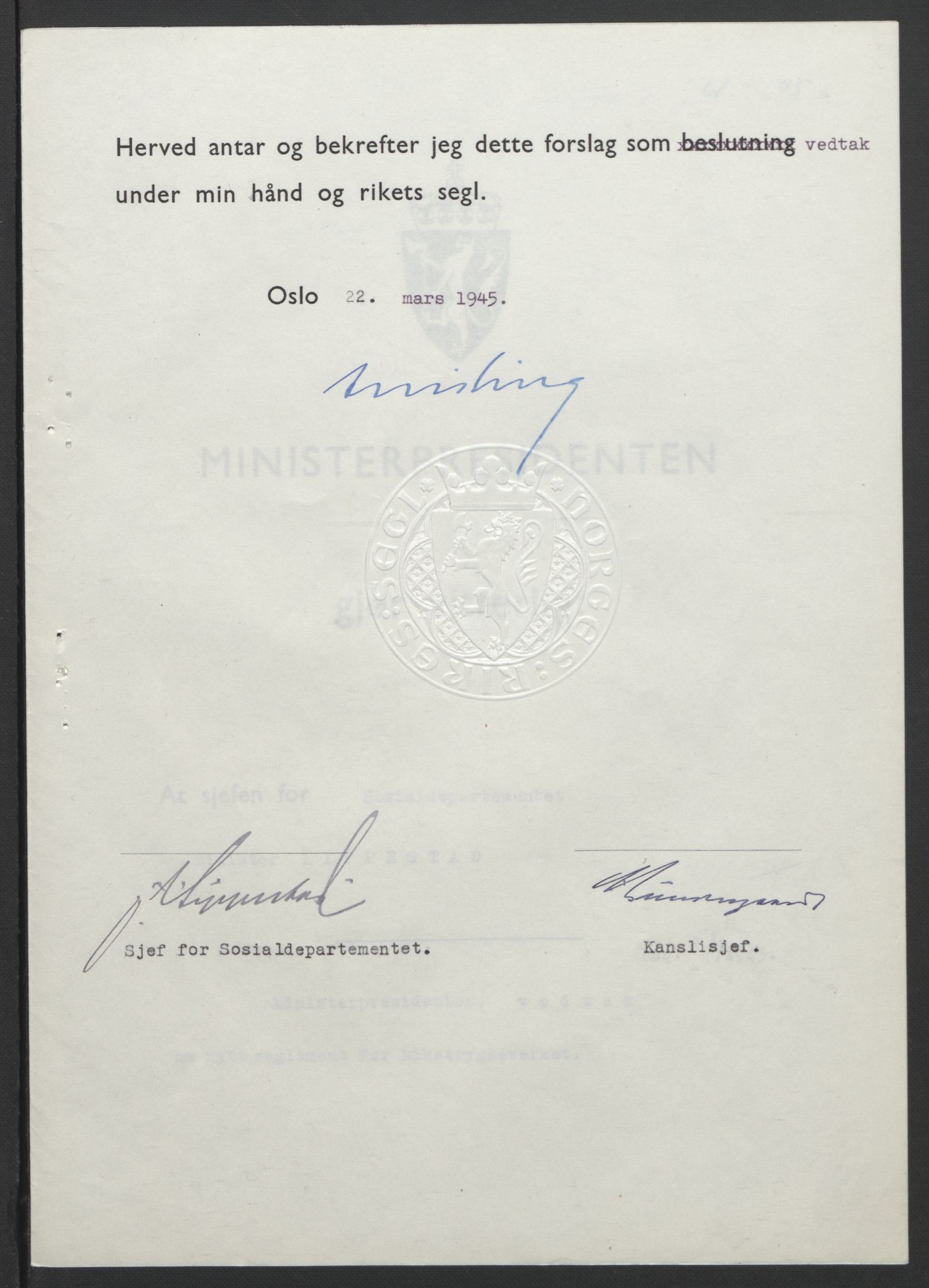 NS-administrasjonen 1940-1945 (Statsrådsekretariatet, de kommisariske statsråder mm), RA/S-4279/D/Db/L0101/0001: -- / Lover og vedtak, 1945, s. 231