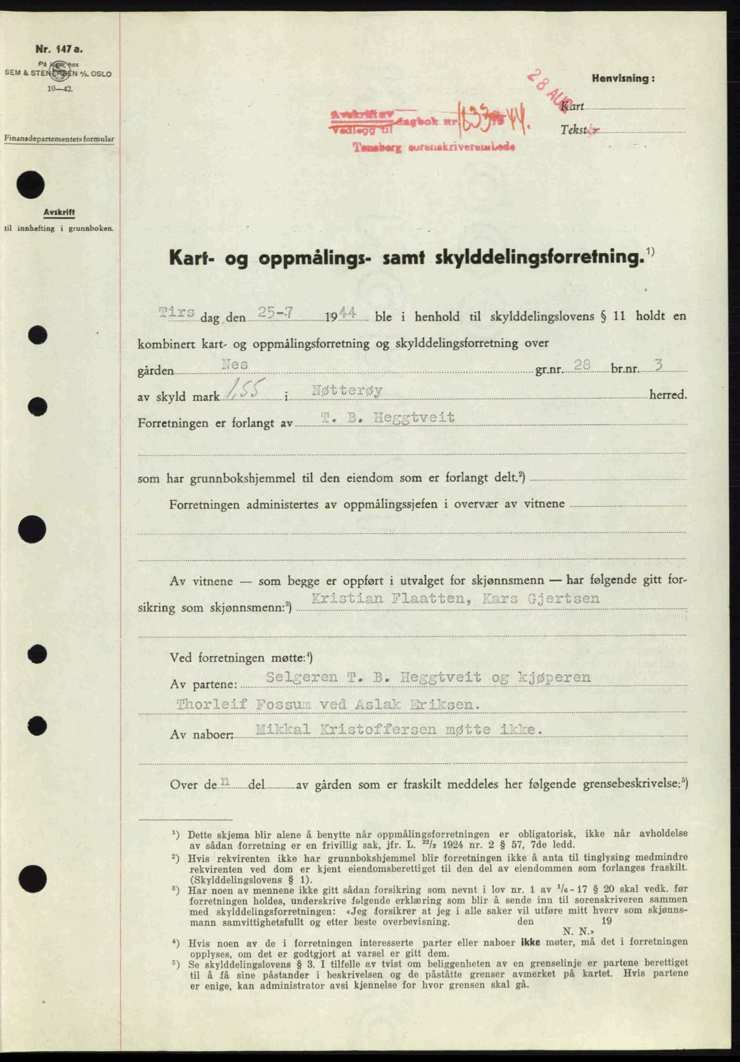 Tønsberg sorenskriveri, AV/SAKO-A-130/G/Ga/Gaa/L0015: Pantebok nr. A15, 1944-1944, Dagboknr: 1833/1944