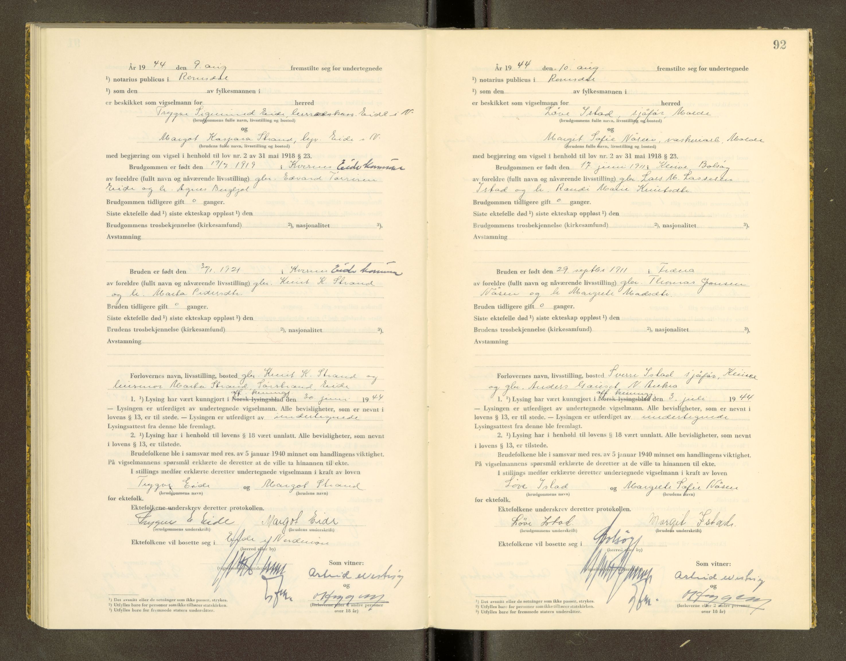Romsdal sorenskriveri, AV/SAT-A-4149/1/6/6D/L0007: Vigselbok, 1943-1944, s. 92