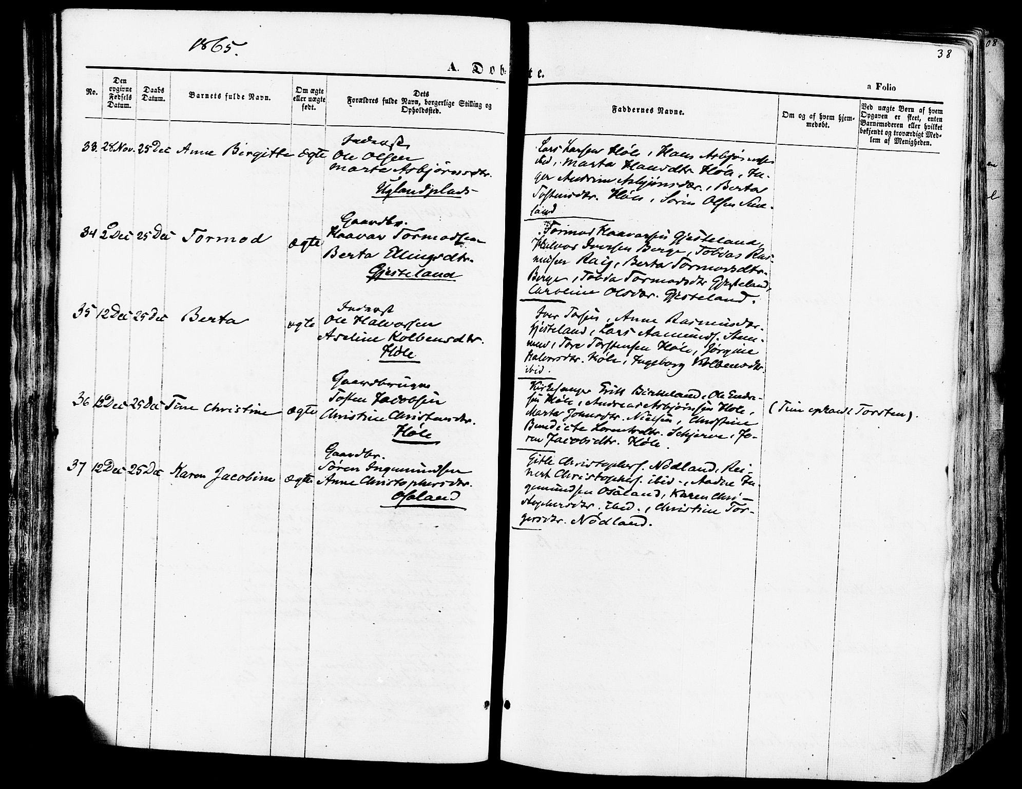 Høgsfjord sokneprestkontor, SAST/A-101624/H/Ha/Haa/L0002: Ministerialbok nr. A 2, 1855-1885, s. 38