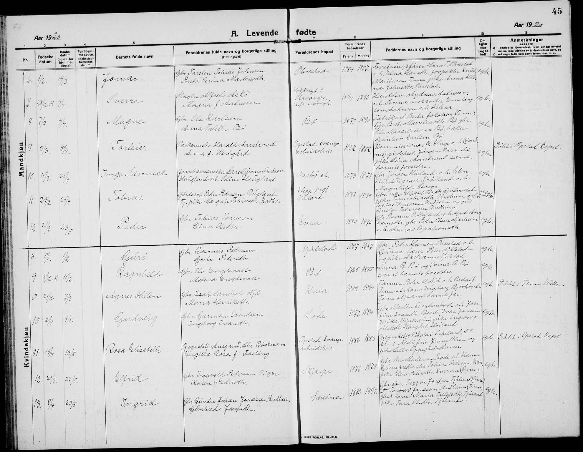 Hå sokneprestkontor, AV/SAST-A-101801/001/30BB/L0007: Klokkerbok nr. B 7, 1912-1939, s. 45