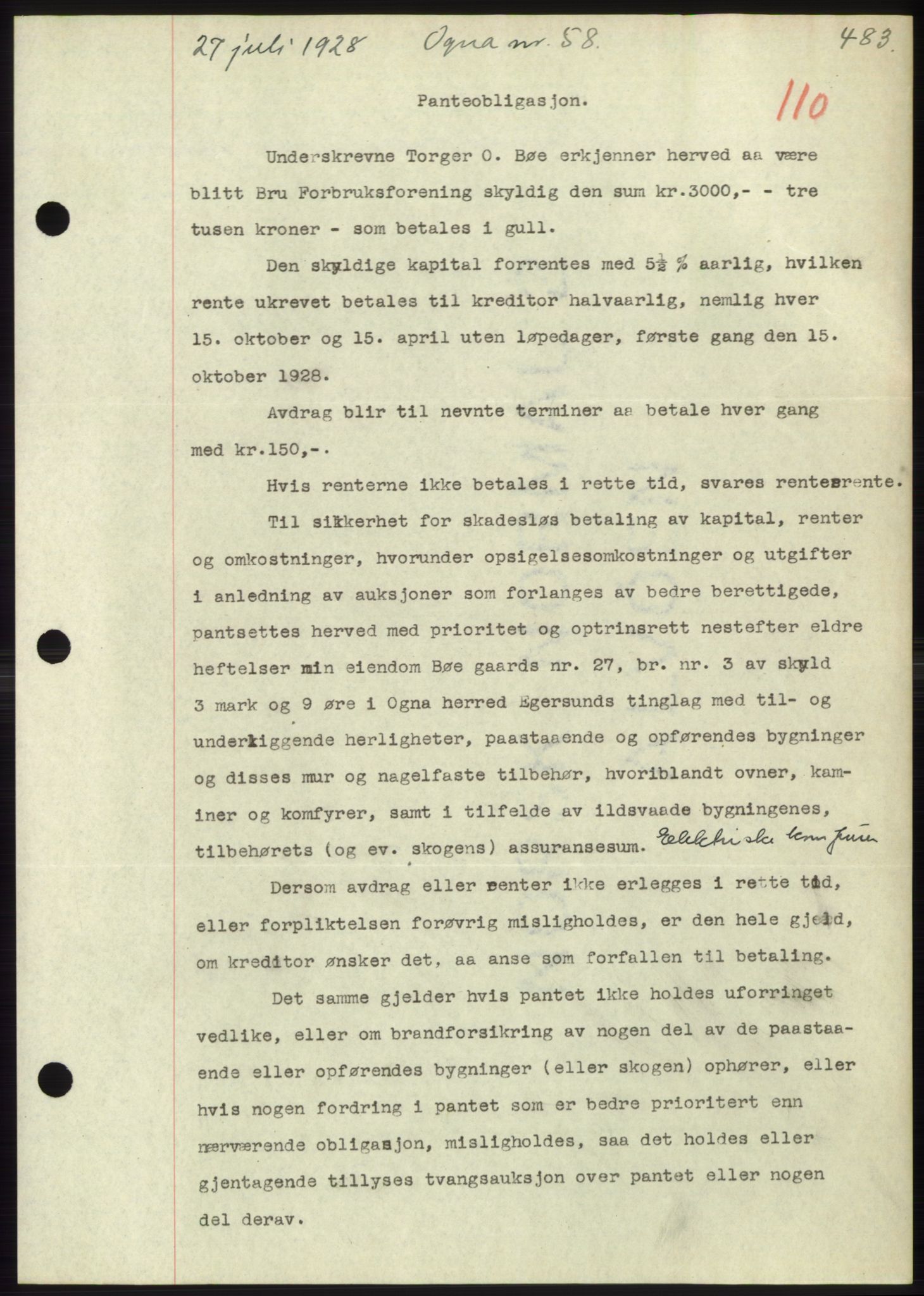 Dalane sorenskriveri, SAST/A-100309/02/G/Gb/L0058: Pantebok, 1926-1950, Tingl.dato: 27.07.1928