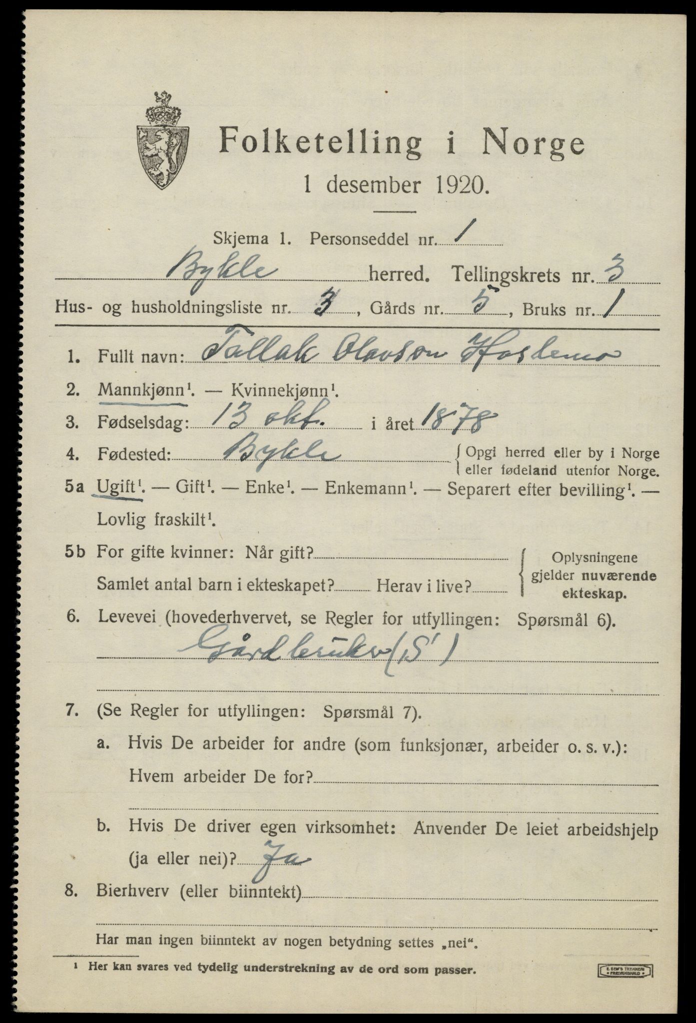 SAK, Folketelling 1920 for 0941 Bykle herred, 1920, s. 1049