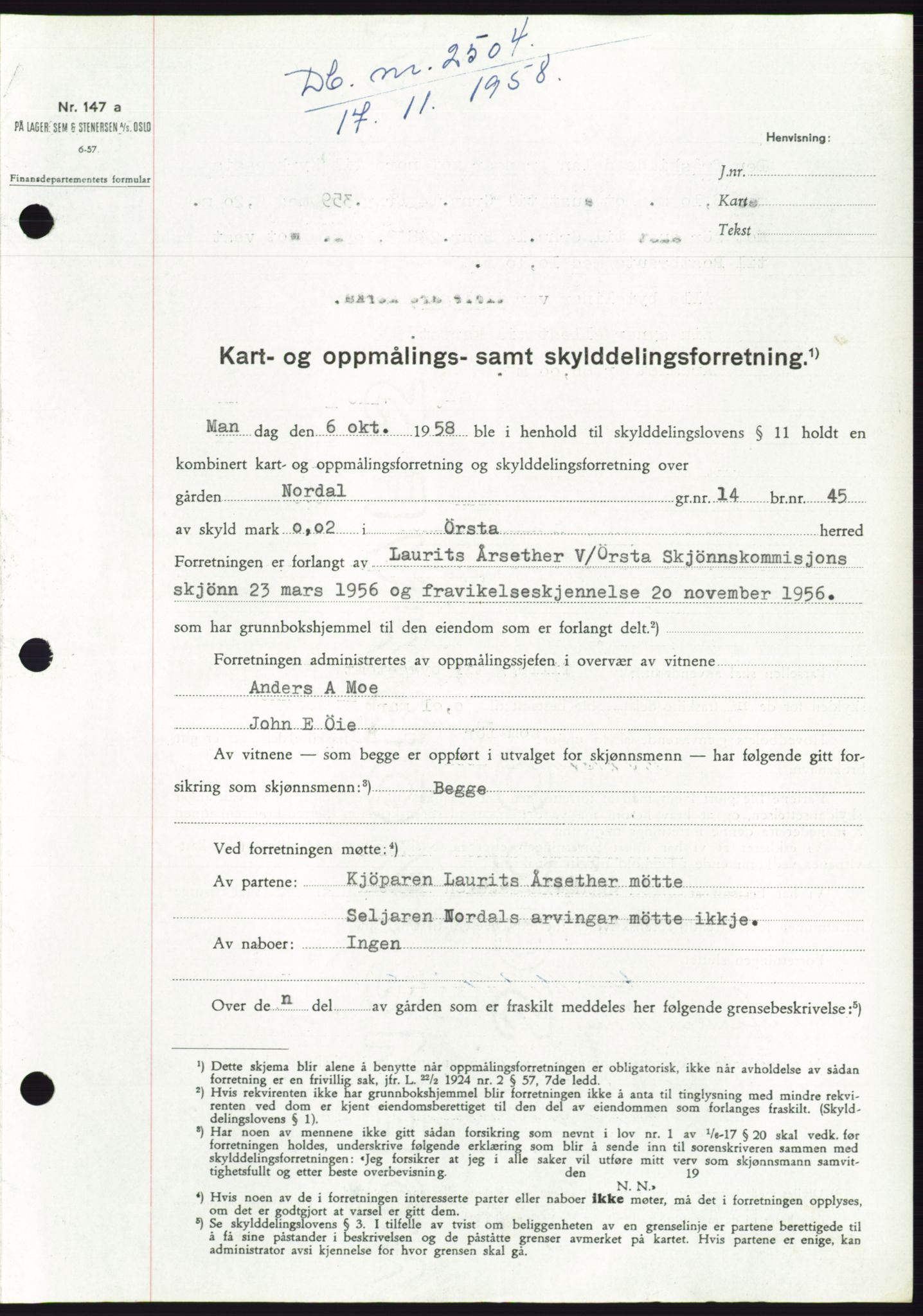 Søre Sunnmøre sorenskriveri, SAT/A-4122/1/2/2C/L0111: Pantebok nr. 37A, 1958-1959, Dagboknr: 2504/1958