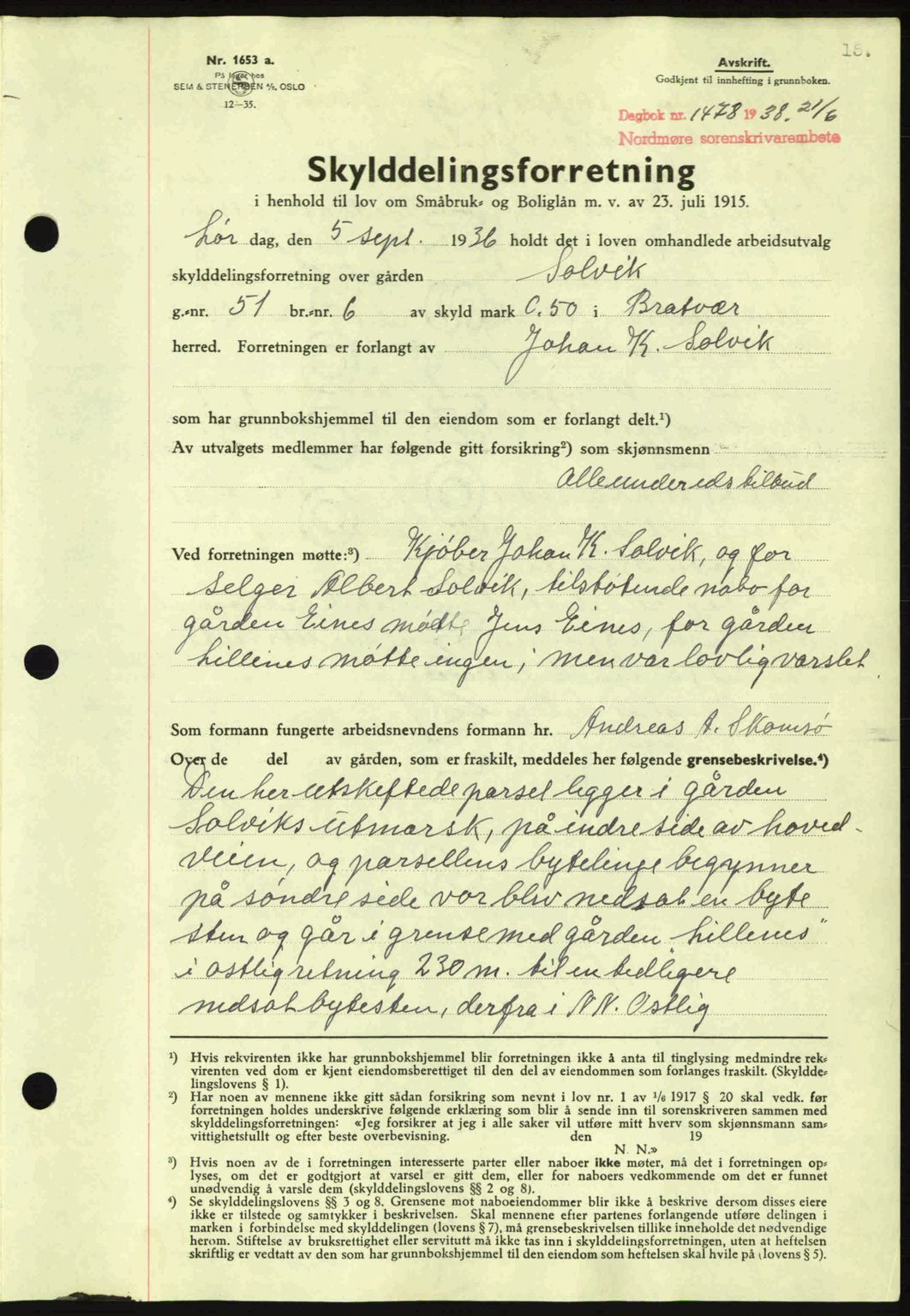 Nordmøre sorenskriveri, SAT/A-4132/1/2/2Ca: Pantebok nr. A84, 1938-1938, Dagboknr: 1478/1938