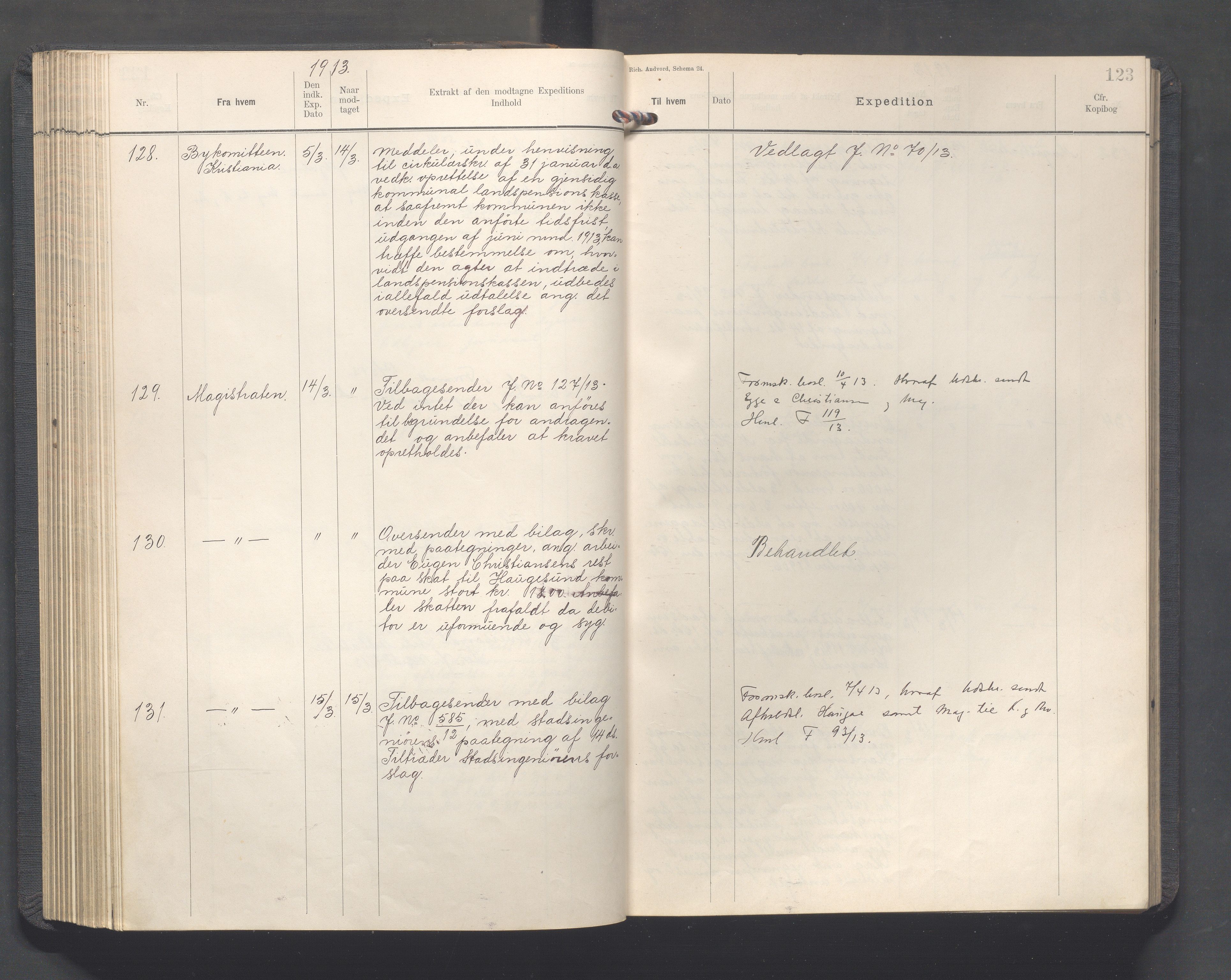 Haugesund kommune - Formannskapet, IKAR/X-0001/C/L0005: Journal, 1912-1914, s. 123