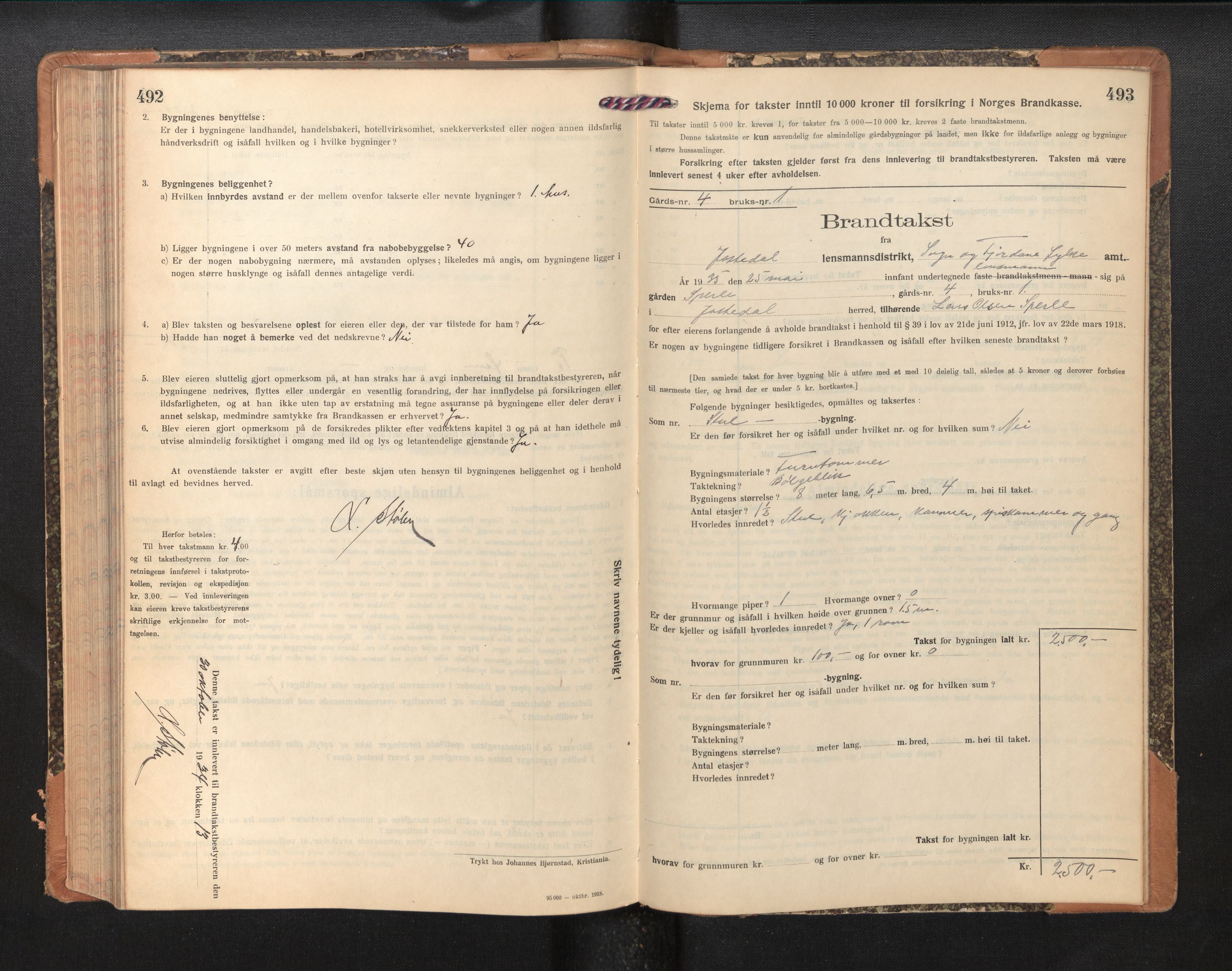 Lensmannen i Jostedal, SAB/A-28601/0012/L0005: Branntakstprotokoll, skjematakst, 1921-1935, s. 492-493