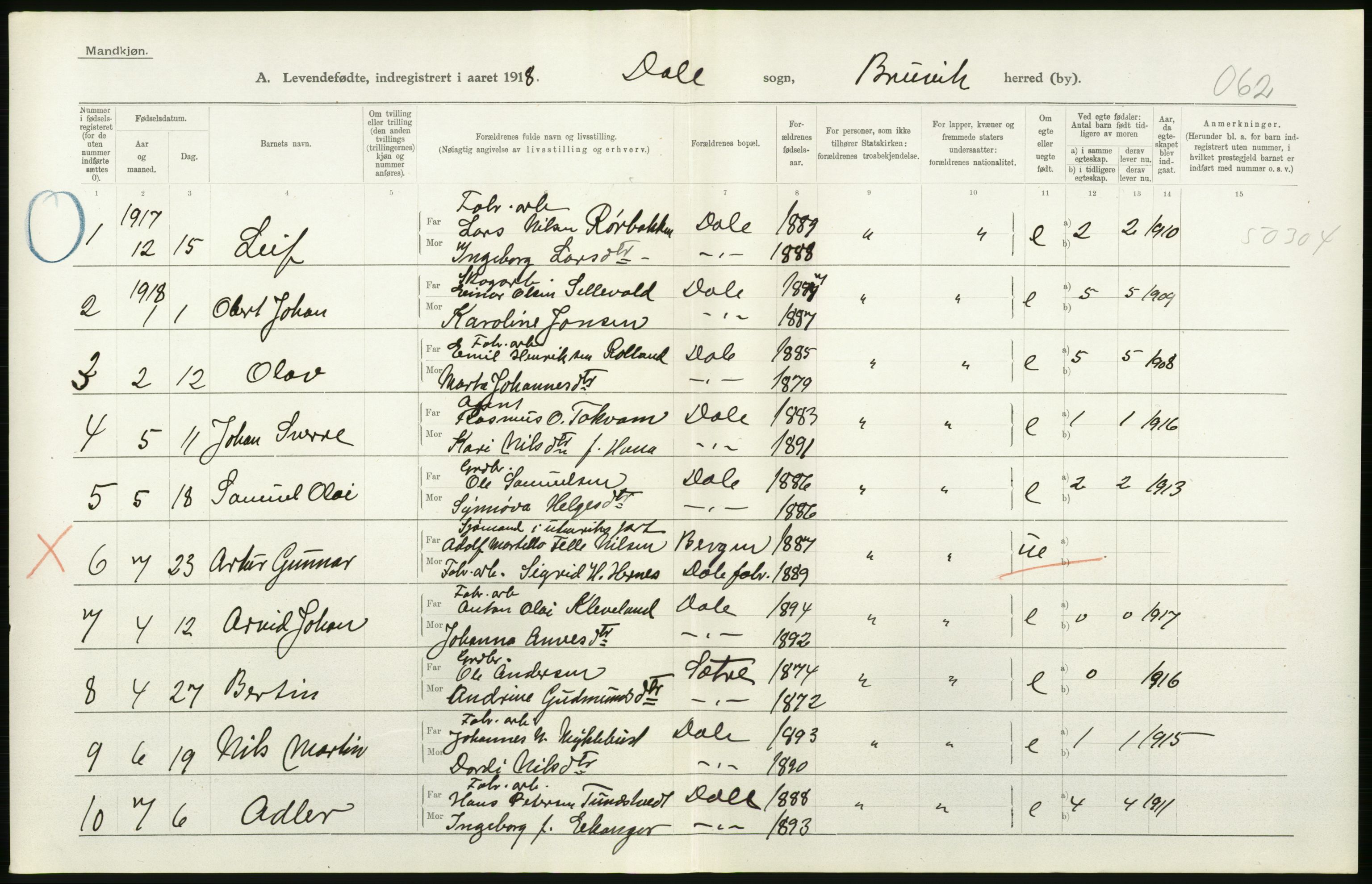 Statistisk sentralbyrå, Sosiodemografiske emner, Befolkning, AV/RA-S-2228/D/Df/Dfb/Dfbh/L0034: Hordaland fylke: Levendefødte menn og kvinner. Bygder., 1918, s. 164