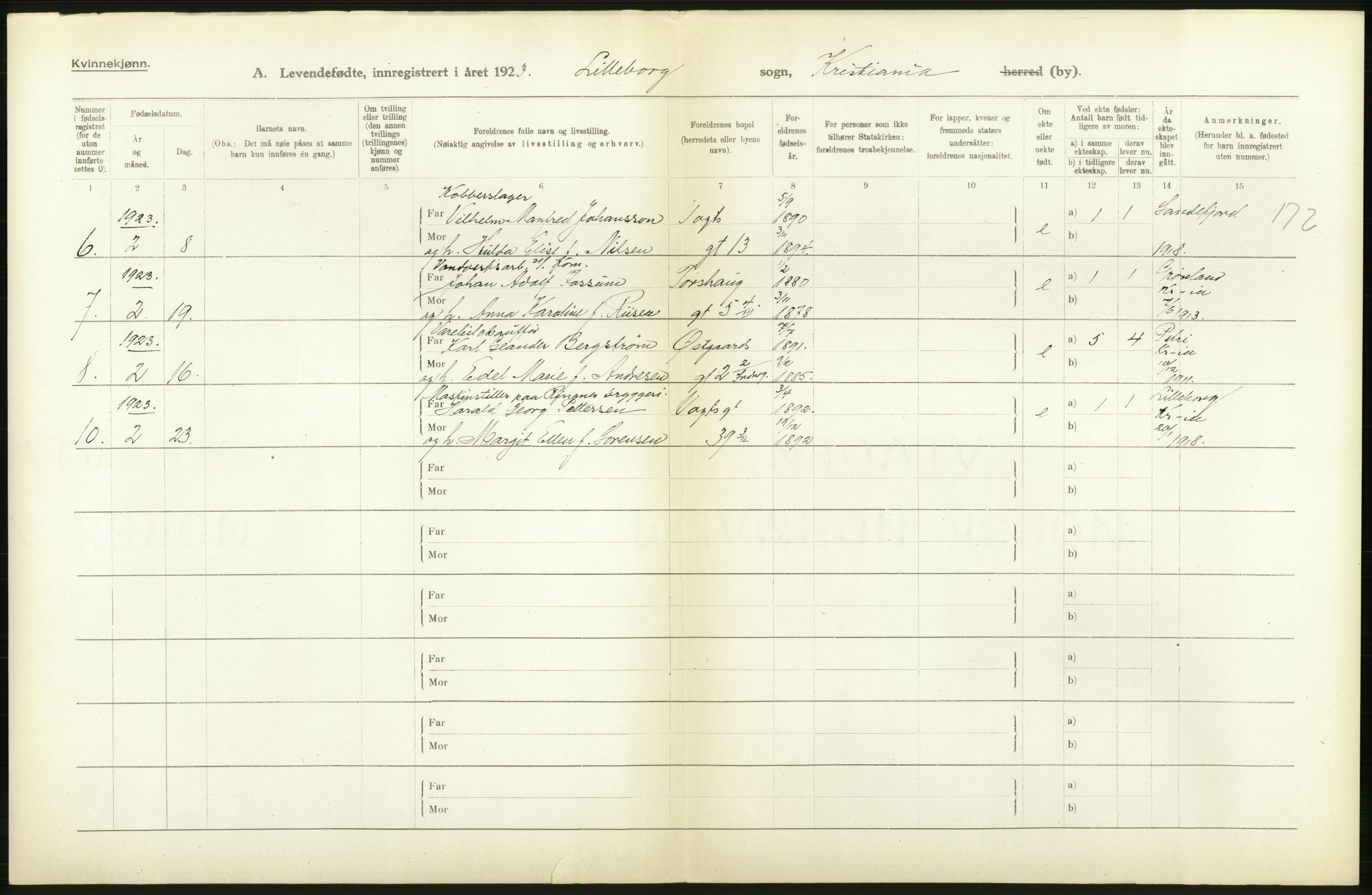 Statistisk sentralbyrå, Sosiodemografiske emner, Befolkning, RA/S-2228/D/Df/Dfc/Dfcc/L0007: Kristiania: Levendefødte menn og kvinner., 1923, s. 510