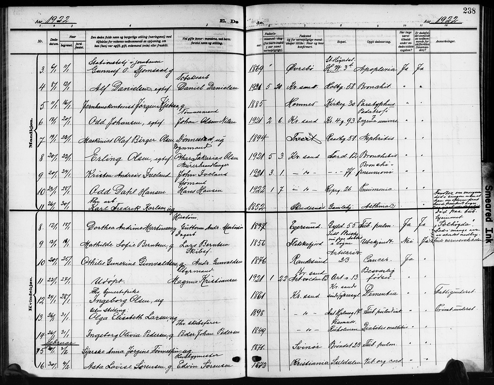 Kristiansand domprosti, AV/SAK-1112-0006/F/Fb/L0022: Klokkerbok nr. B 22, 1915-1925, s. 238