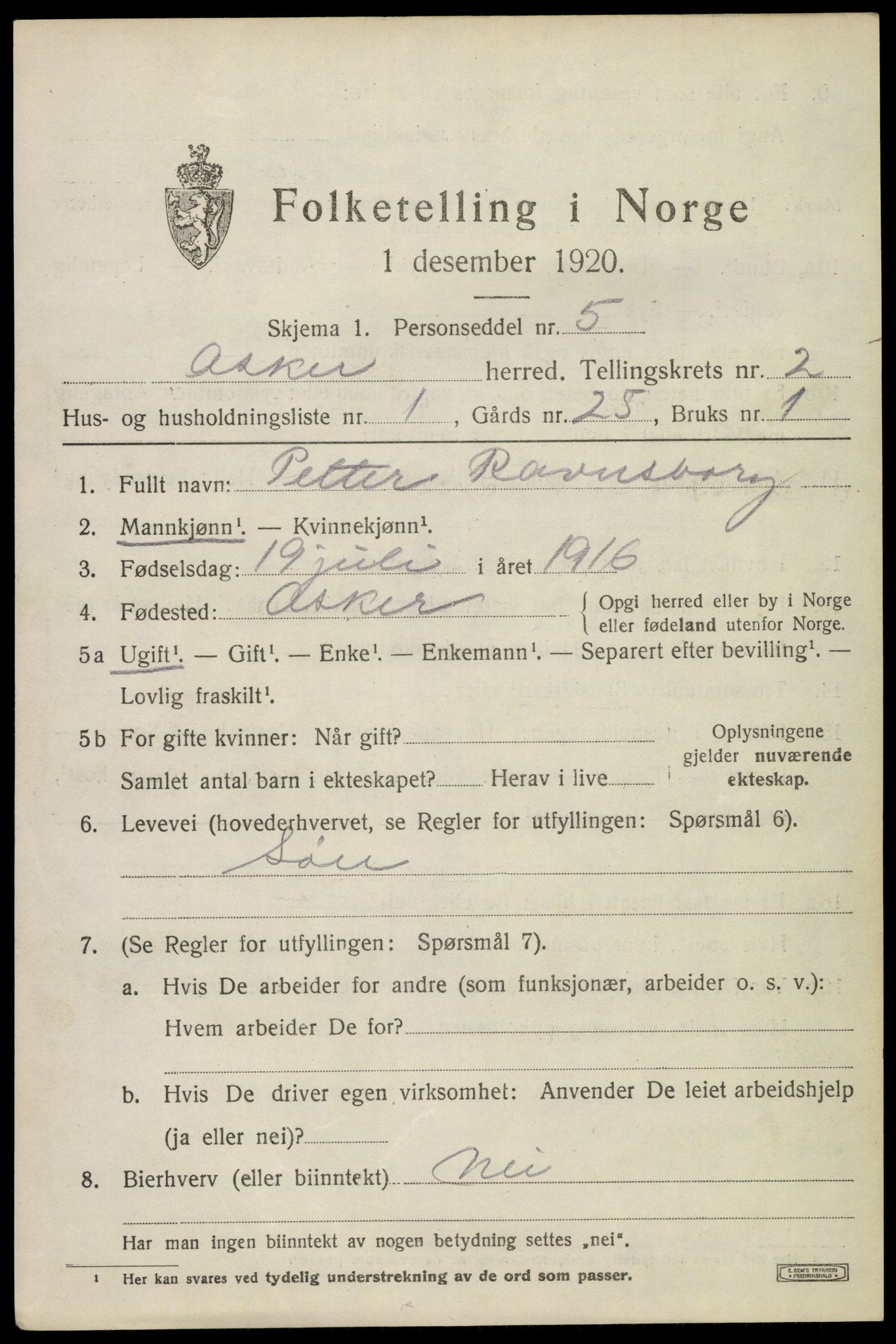 SAO, Folketelling 1920 for 0220 Asker herred, 1920, s. 5390