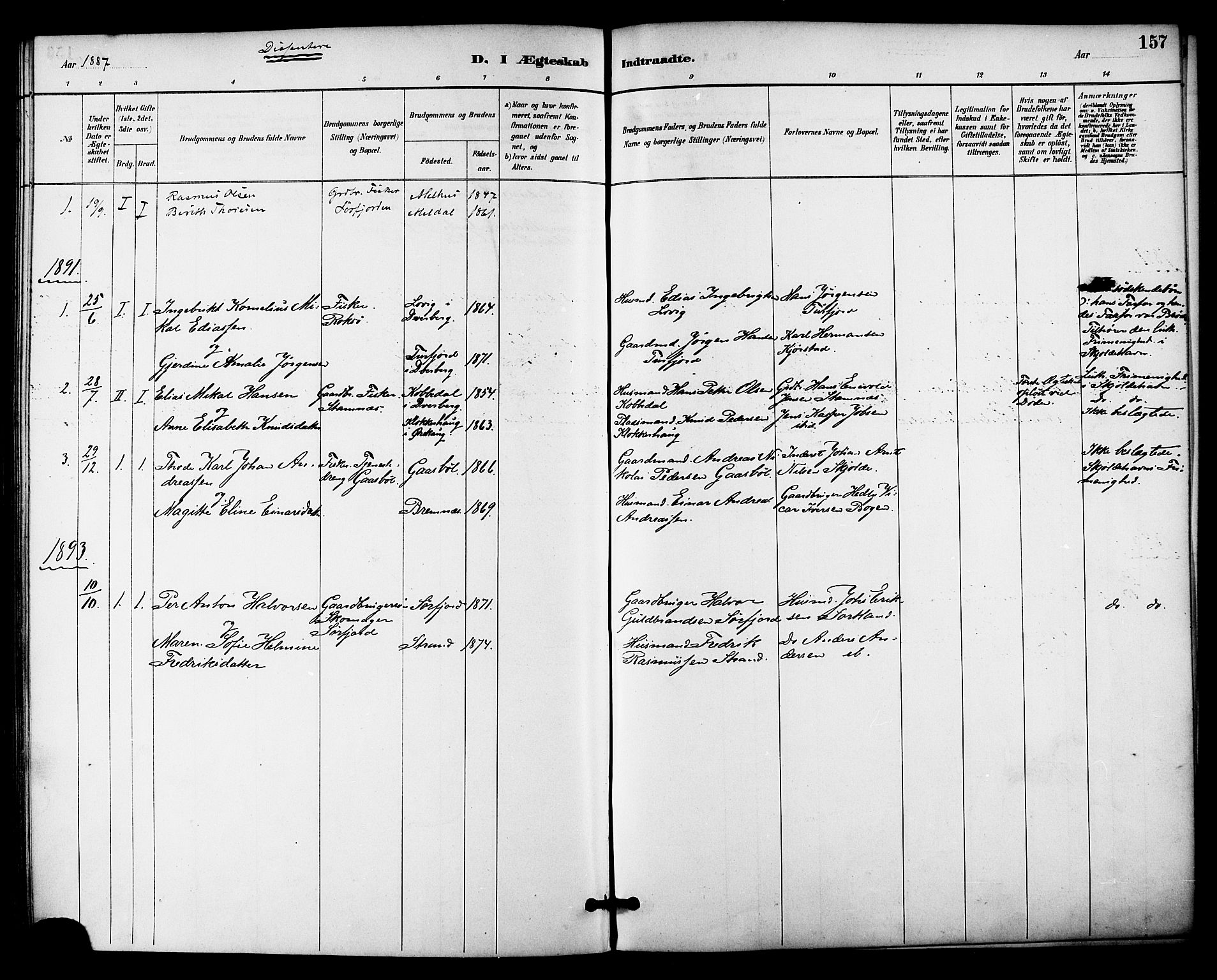 Ministerialprotokoller, klokkerbøker og fødselsregistre - Nordland, SAT/A-1459/895/L1371: Ministerialbok nr. 895A06, 1885-1894, s. 157