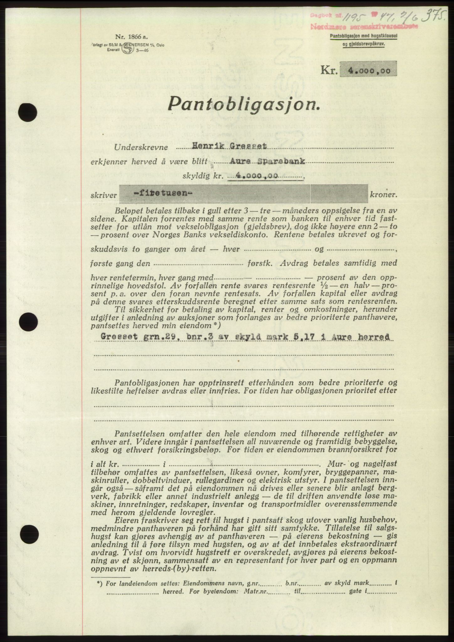 Nordmøre sorenskriveri, SAT/A-4132/1/2/2Ca: Pantebok nr. B96, 1947-1947, Dagboknr: 1195/1947