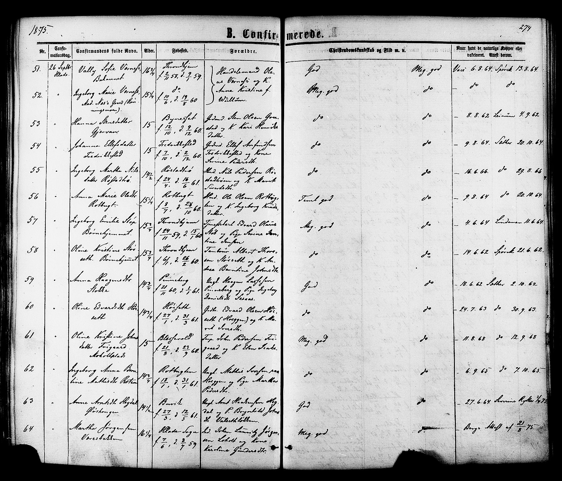 Ministerialprotokoller, klokkerbøker og fødselsregistre - Sør-Trøndelag, SAT/A-1456/606/L0293: Ministerialbok nr. 606A08, 1866-1877, s. 274