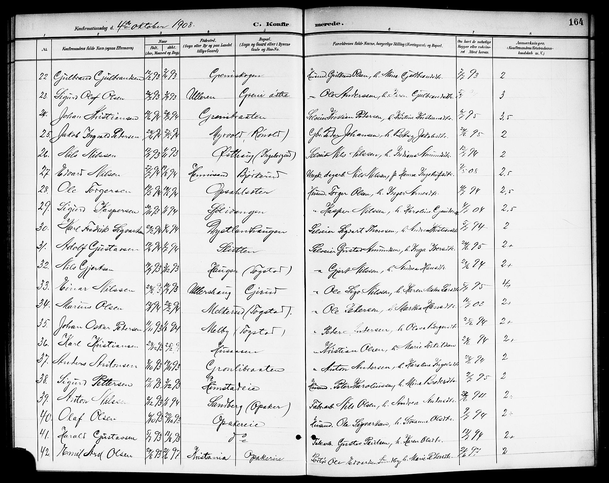 Nes prestekontor Kirkebøker, AV/SAO-A-10410/G/Ga/L0002: Klokkerbok nr. I 2, 1901-1912, s. 164