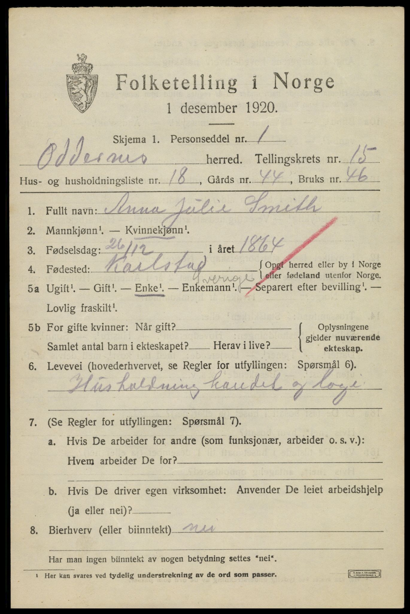 SAK, Folketelling 1920 for 1012 Oddernes herred, 1920, s. 10167