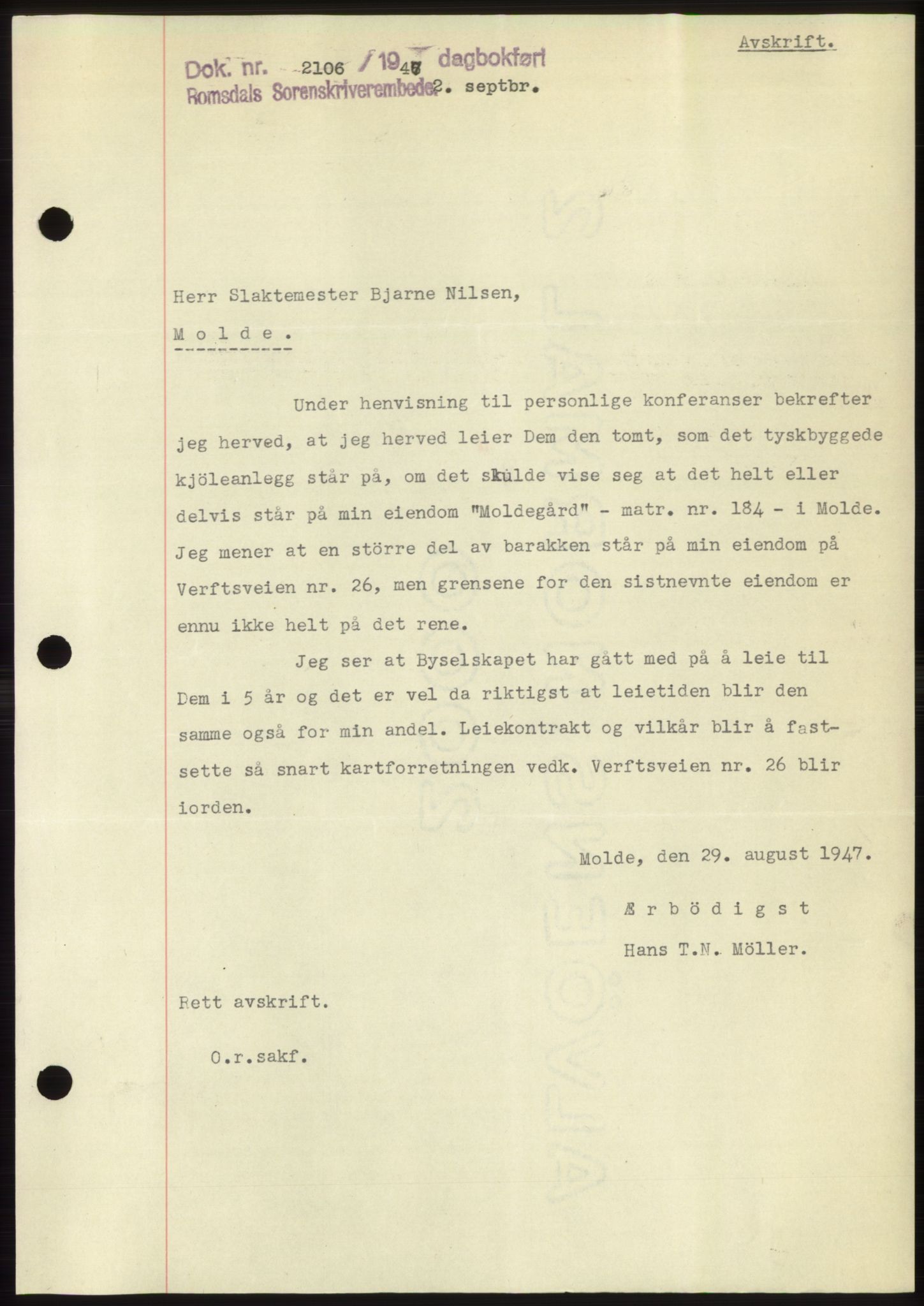 Romsdal sorenskriveri, SAT/A-4149/1/2/2C: Pantebok nr. B3, 1946-1948, Dagboknr: 2106/1947