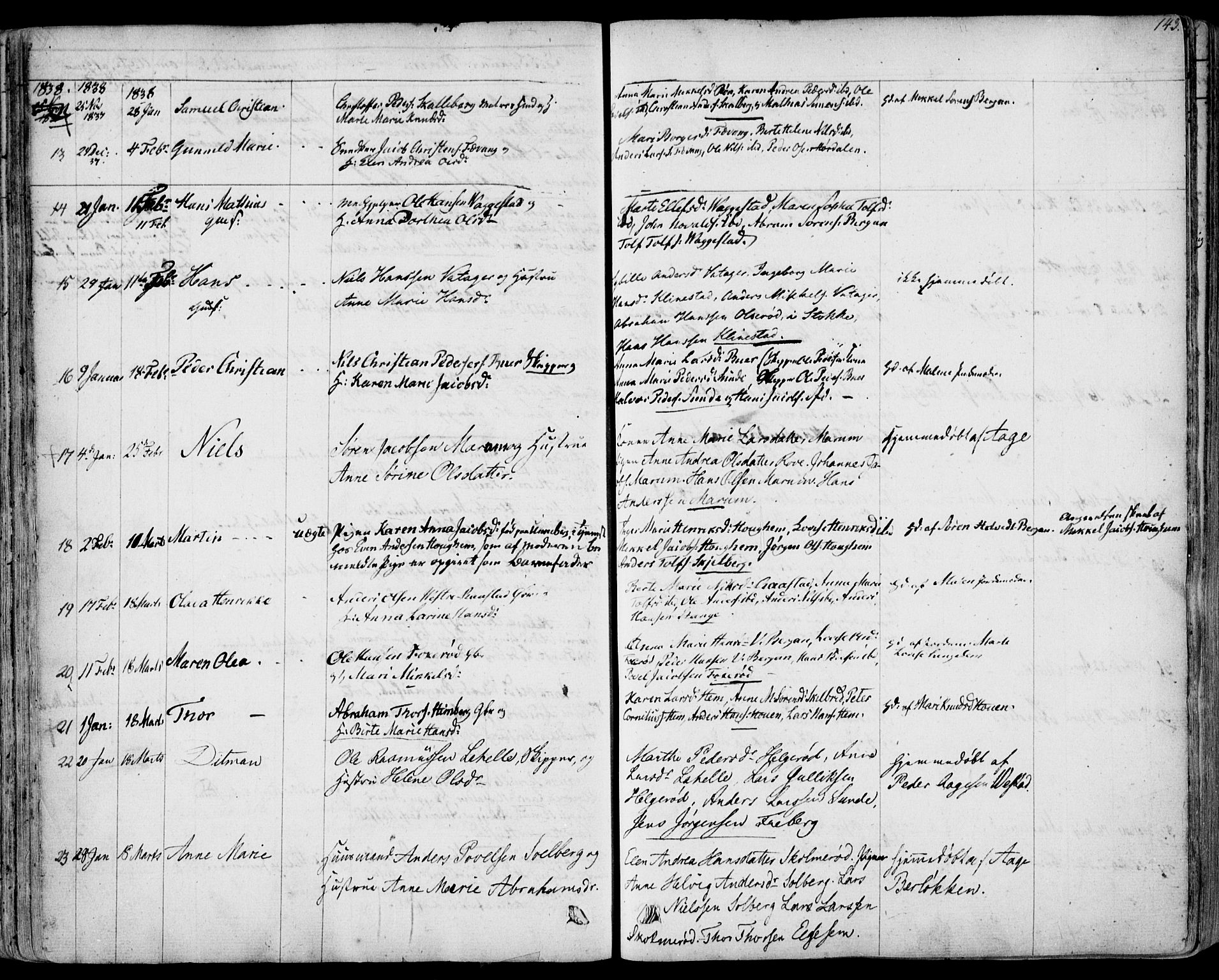 Sandar kirkebøker, AV/SAKO-A-243/F/Fa/L0005: Ministerialbok nr. 5, 1832-1847, s. 142-143