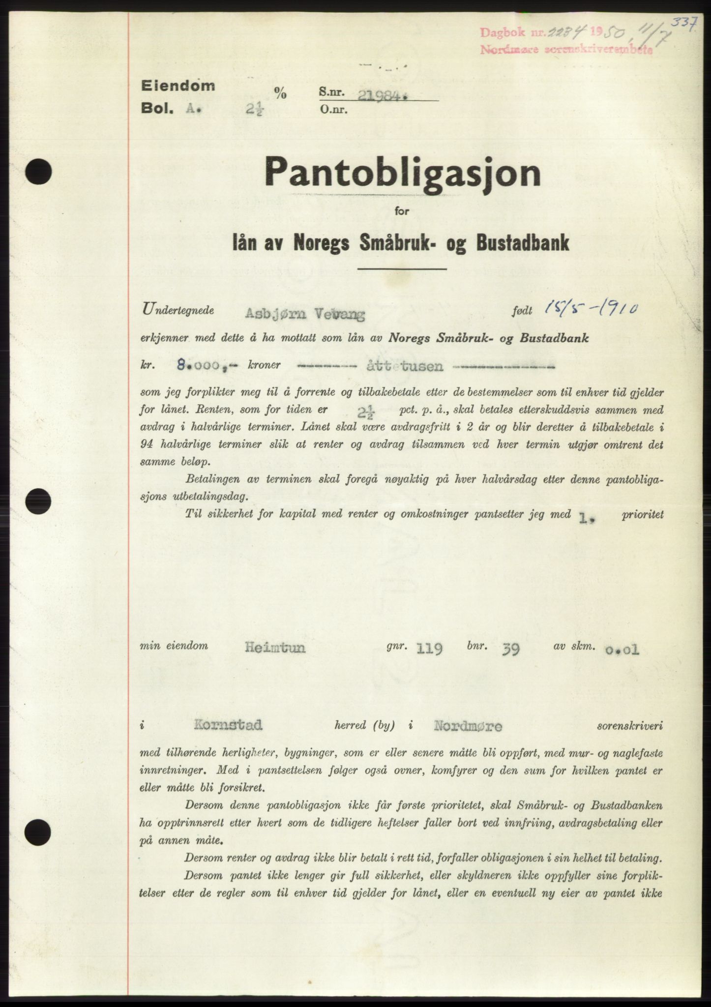 Nordmøre sorenskriveri, AV/SAT-A-4132/1/2/2Ca: Pantebok nr. B105, 1950-1950, Dagboknr: 2234/1950